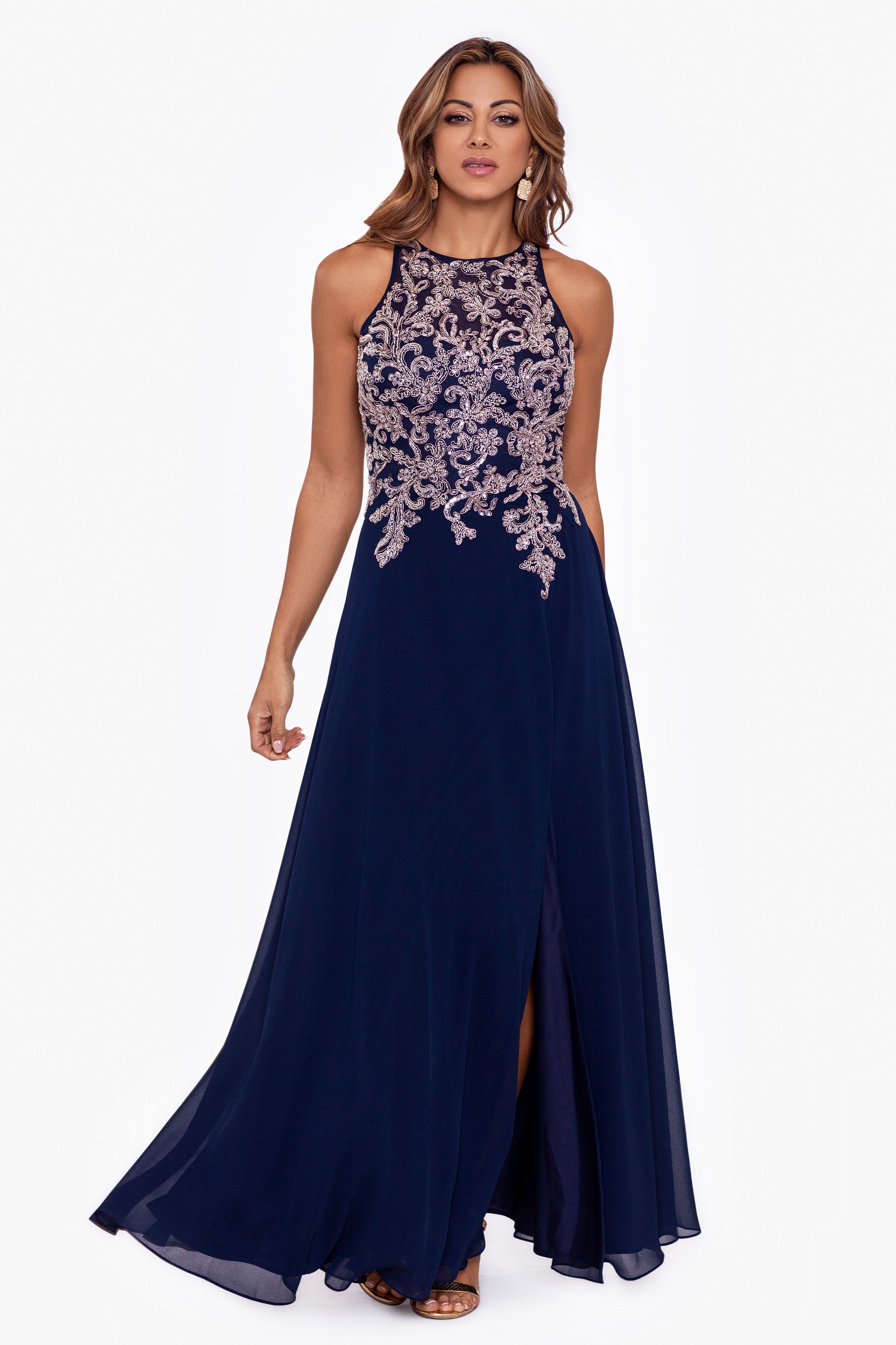 "Katie" Long Chiffon Beaded Halter Dress