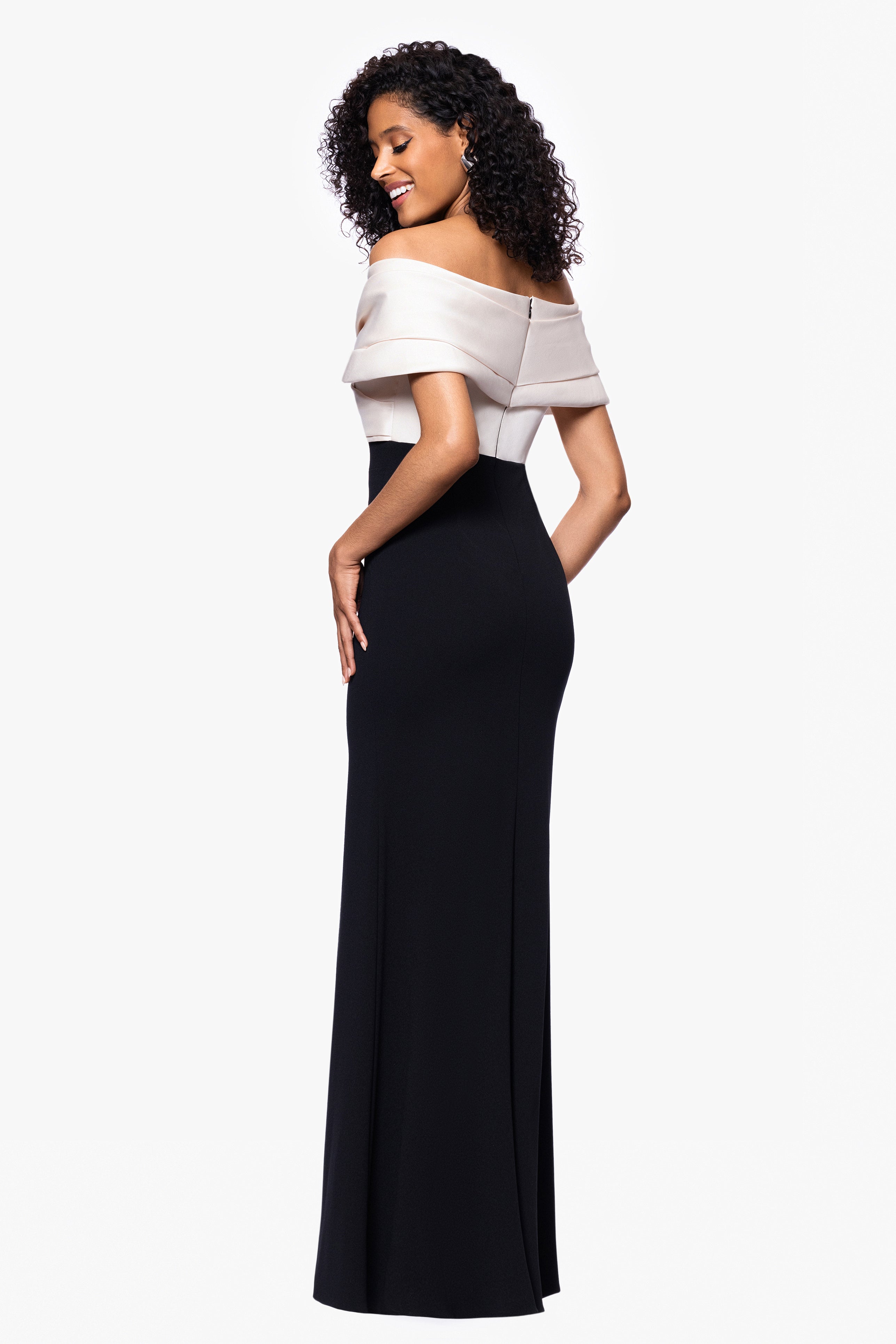 "Yasmeen" Long Off The Shoulder Scuba Crepe Gown