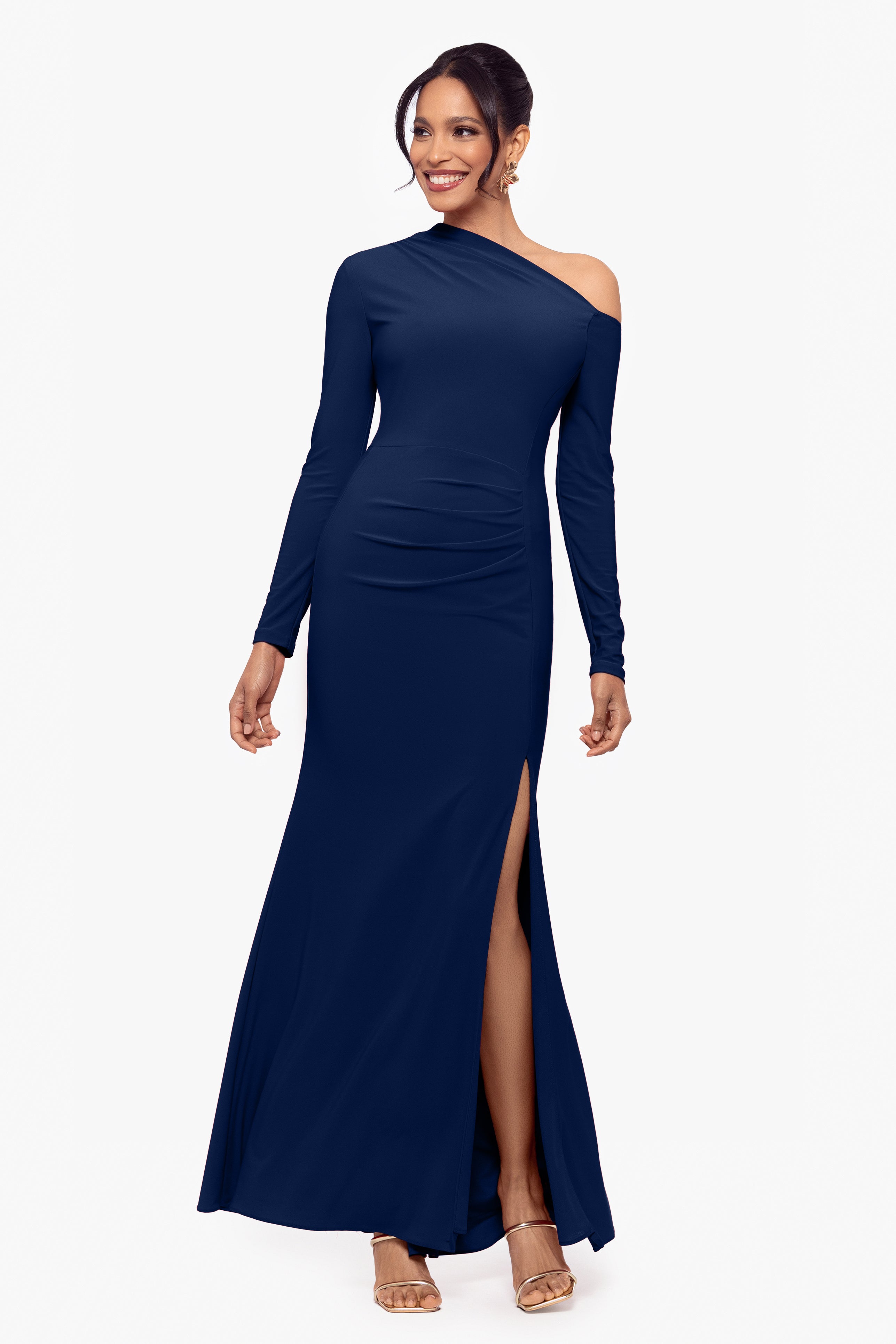 Navy blue off the shoulder long sleeve dress best sale