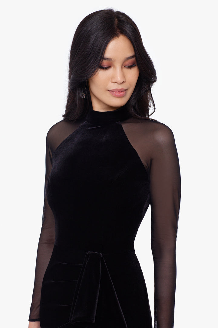 Petite "Valentina" Long Velvet Mesh Illusion Sleeve Dress