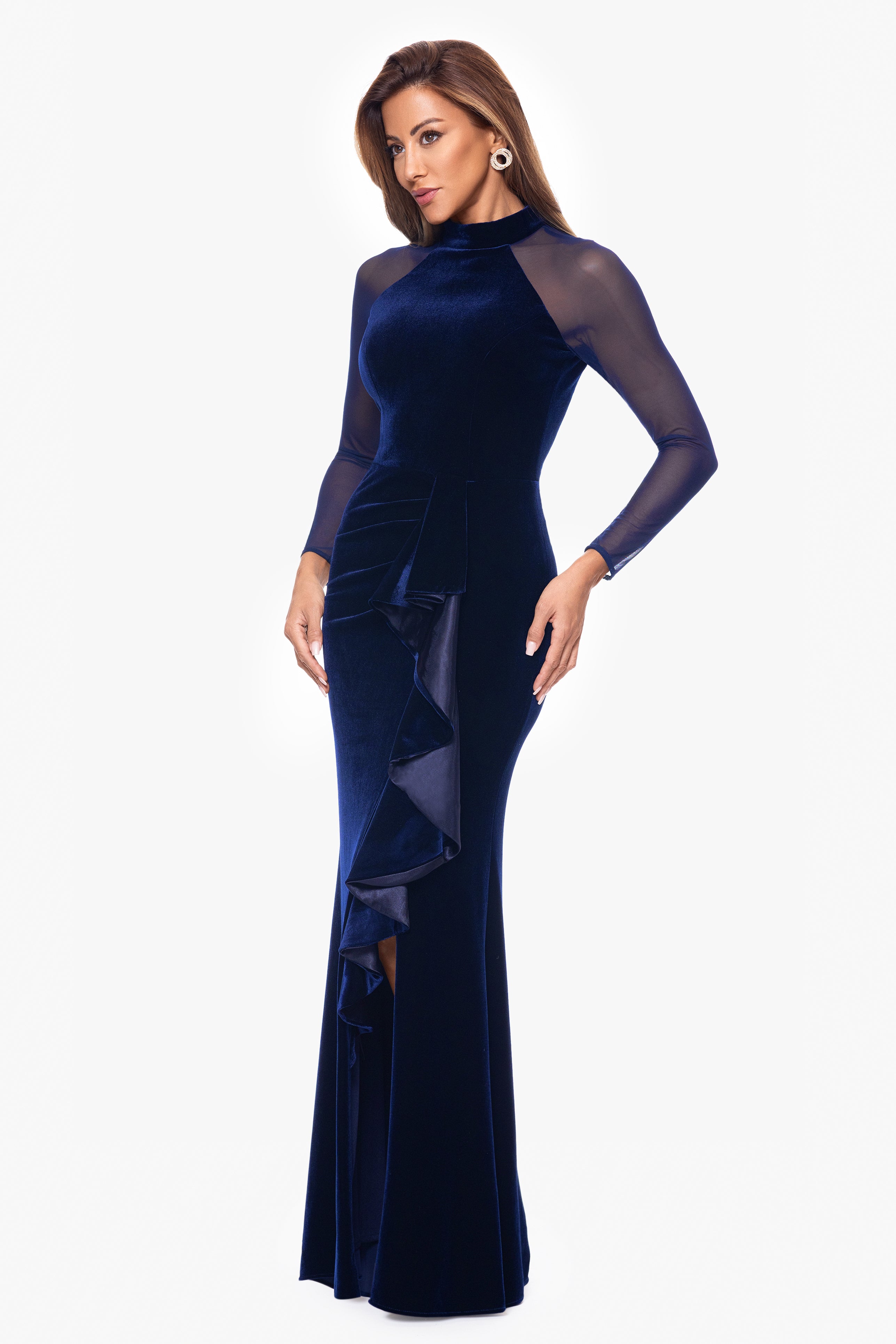 "Valentina" Long Velvet Mesh Illusion Sleeve Dress