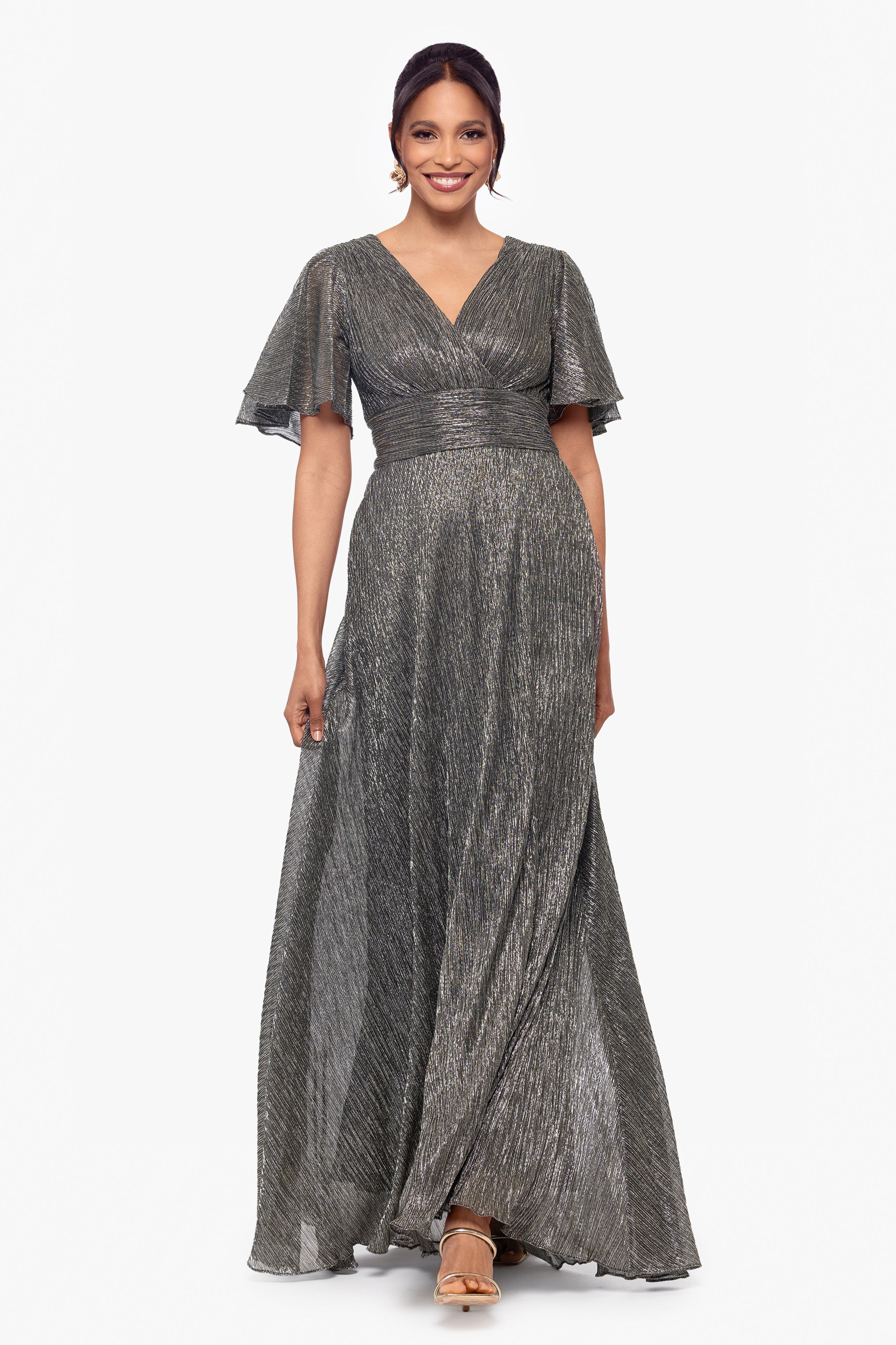 "Isabella" Long V Neck Flutter Sleeve Metallic Dress