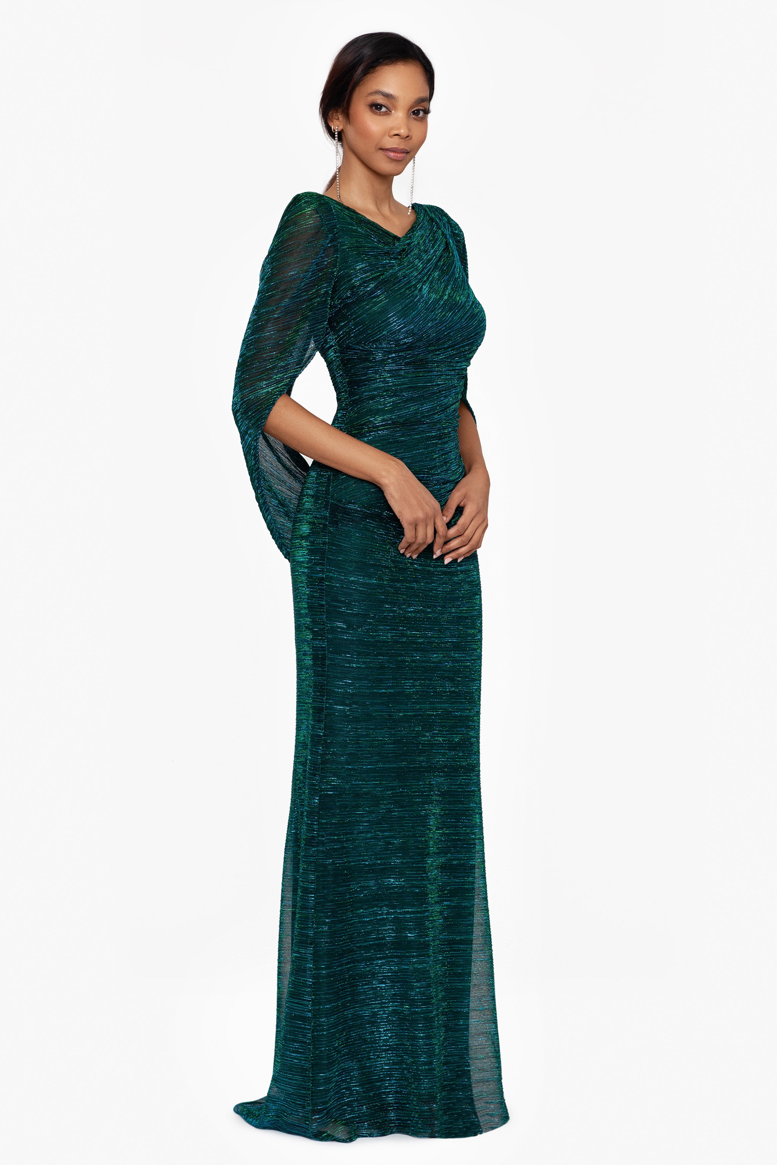 "Tamsin" Long Metallic Knit Long Sleeve Drape Dress