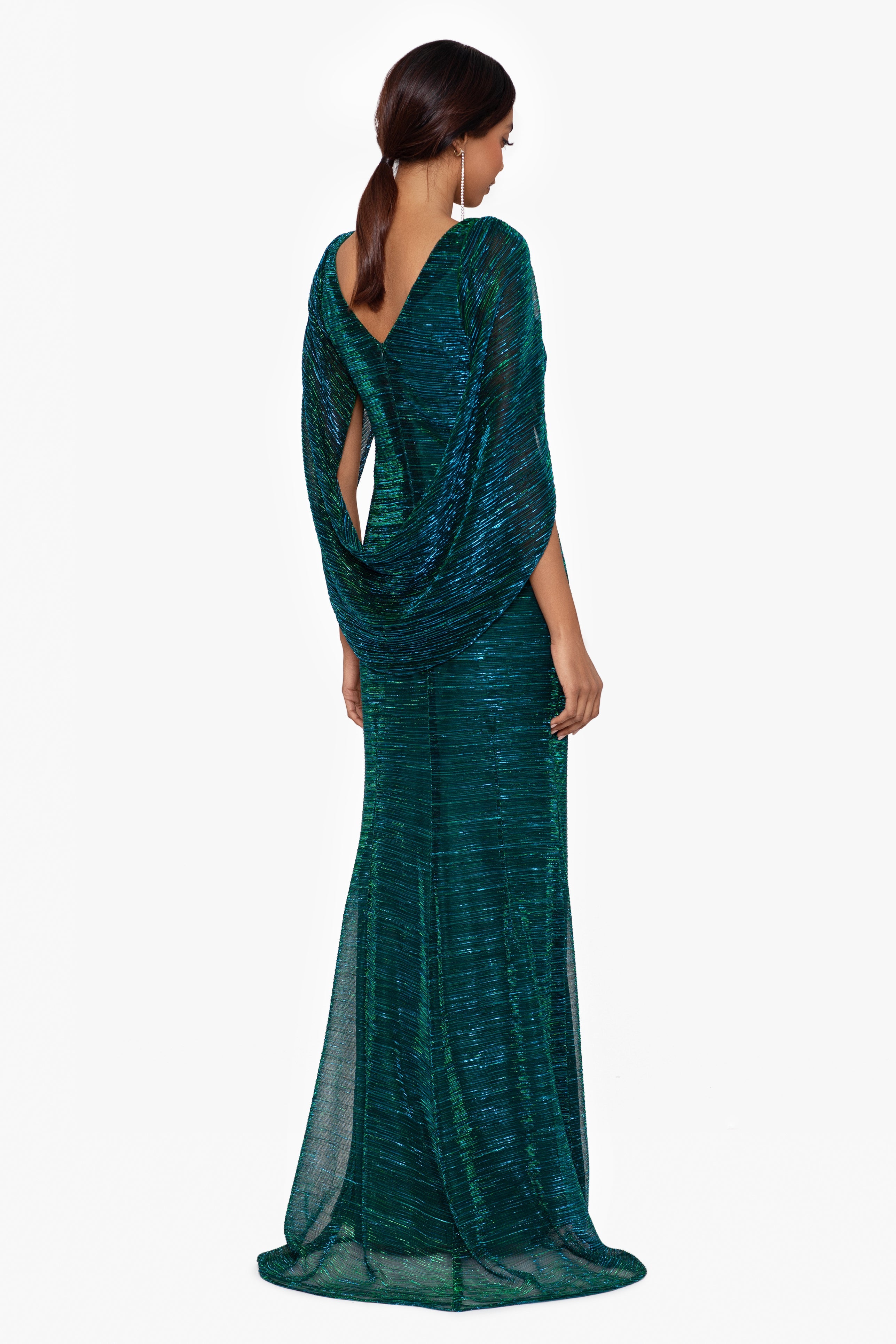 "Tamsin" Long Metallic Knit Long Sleeve Drape Dress