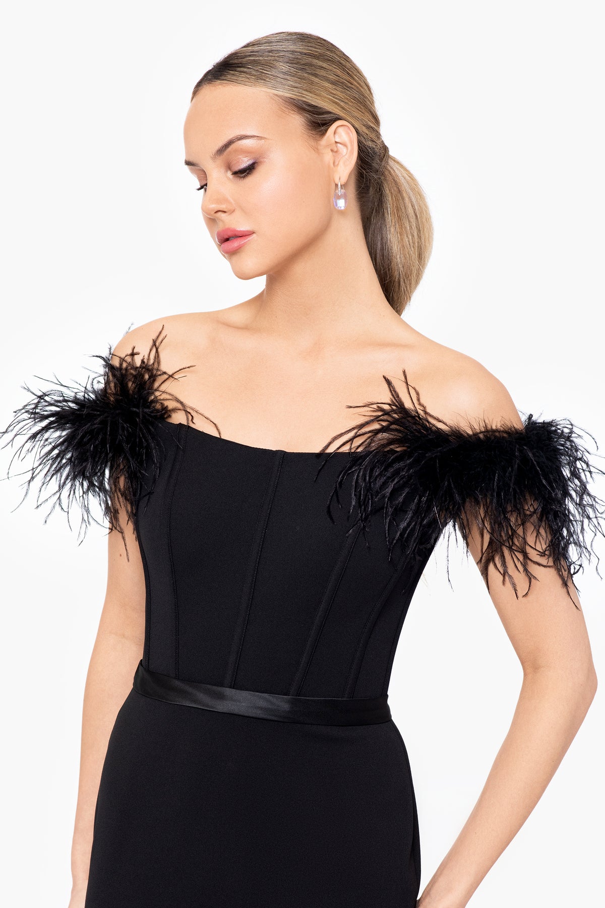 Scuba Off the Shoulder Ruched Dress with Feather Detail
