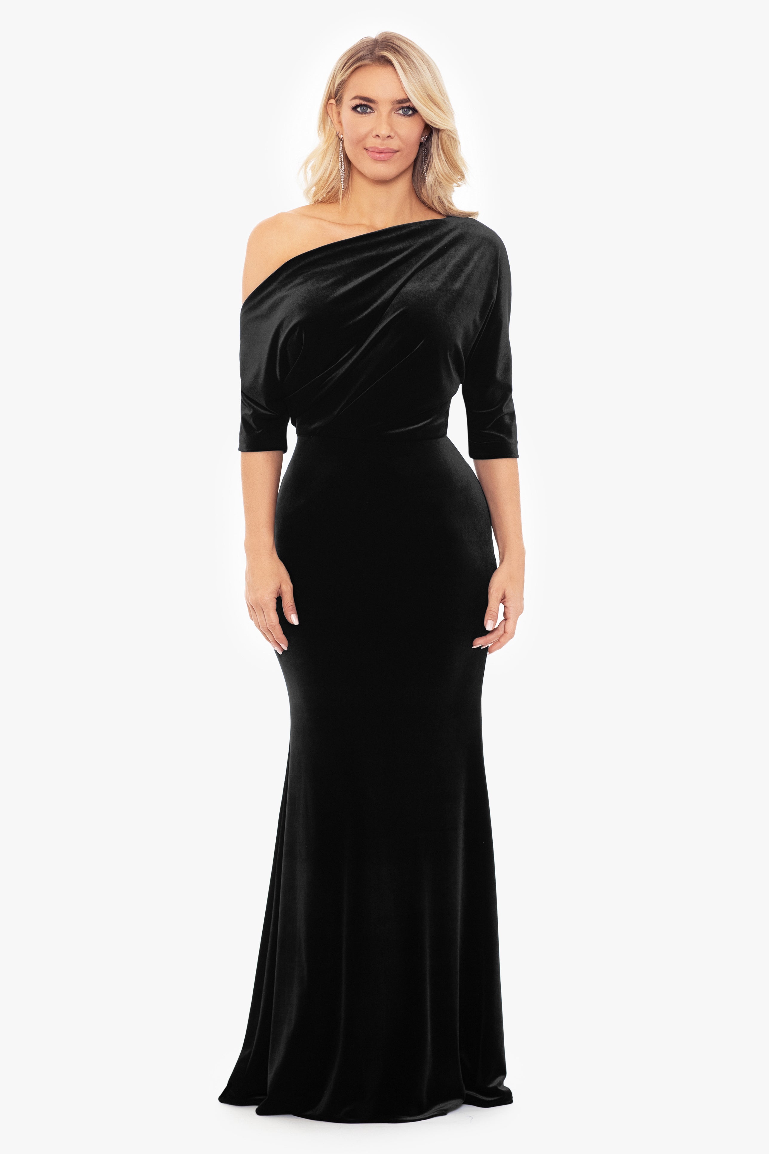 "Arya" Long Off the Shoulder Velvet Drop Dress