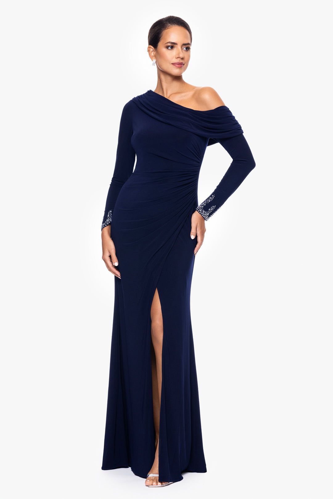 "Chrishell" Long Jersey Knit Off the Shoulder Overlay with Beaded Sleeves