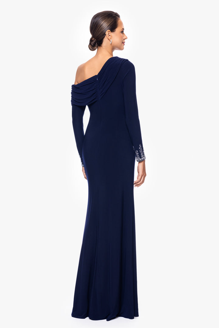 "Chrishell" Long Jersey Knit Off the Shoulder Overlay with Beaded Sleeves