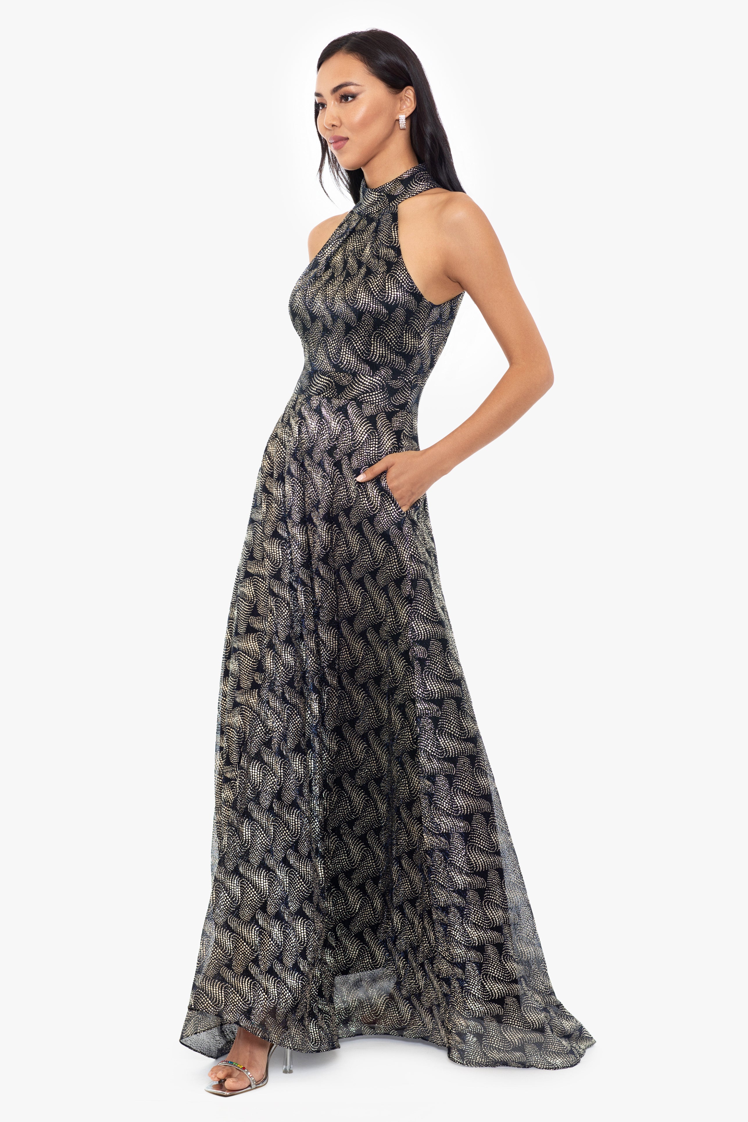 "Vilma" Long Foil Print Halter Neck Dress