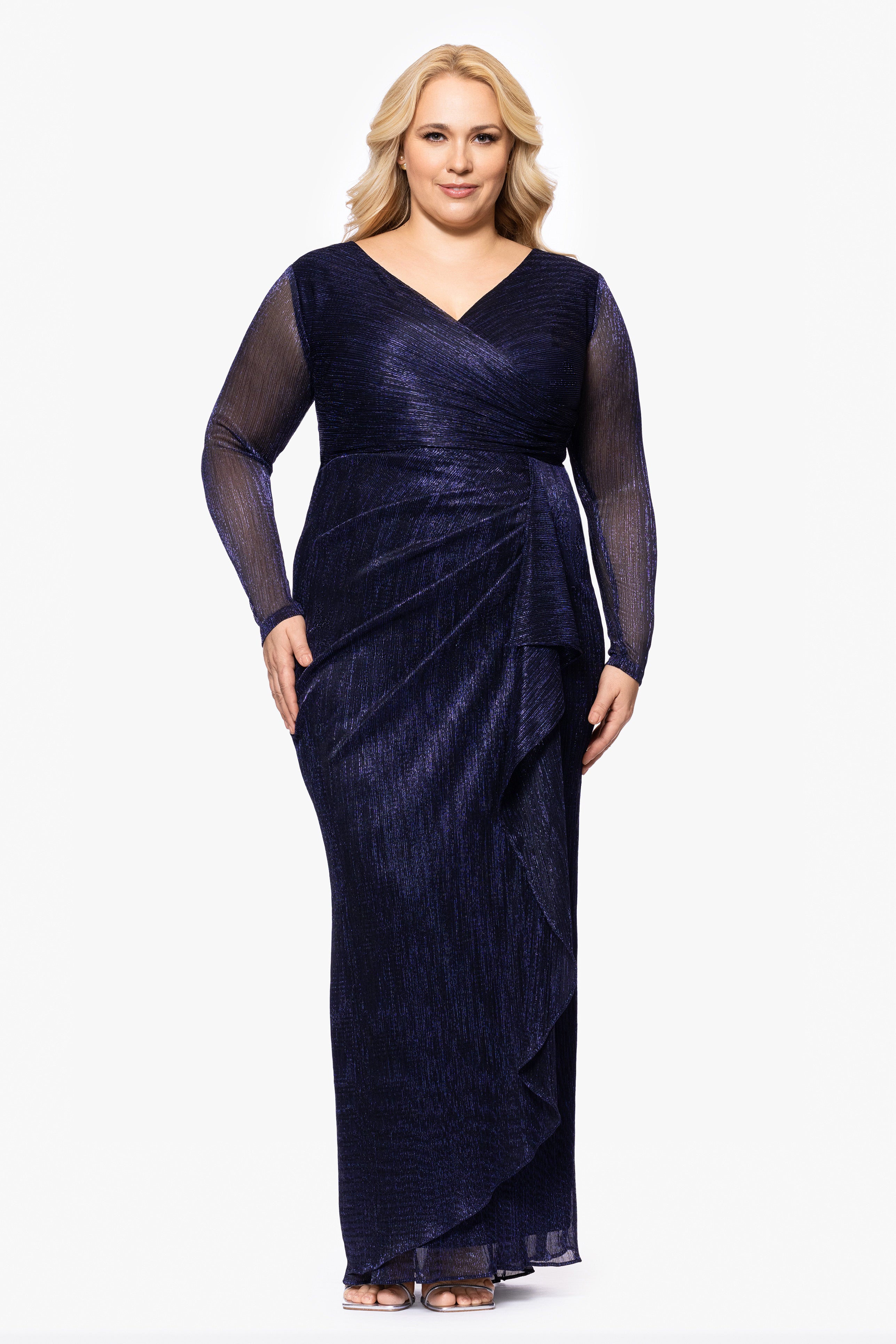 Plus "Maggie" Long Pleated Metallic V-Neck Dress