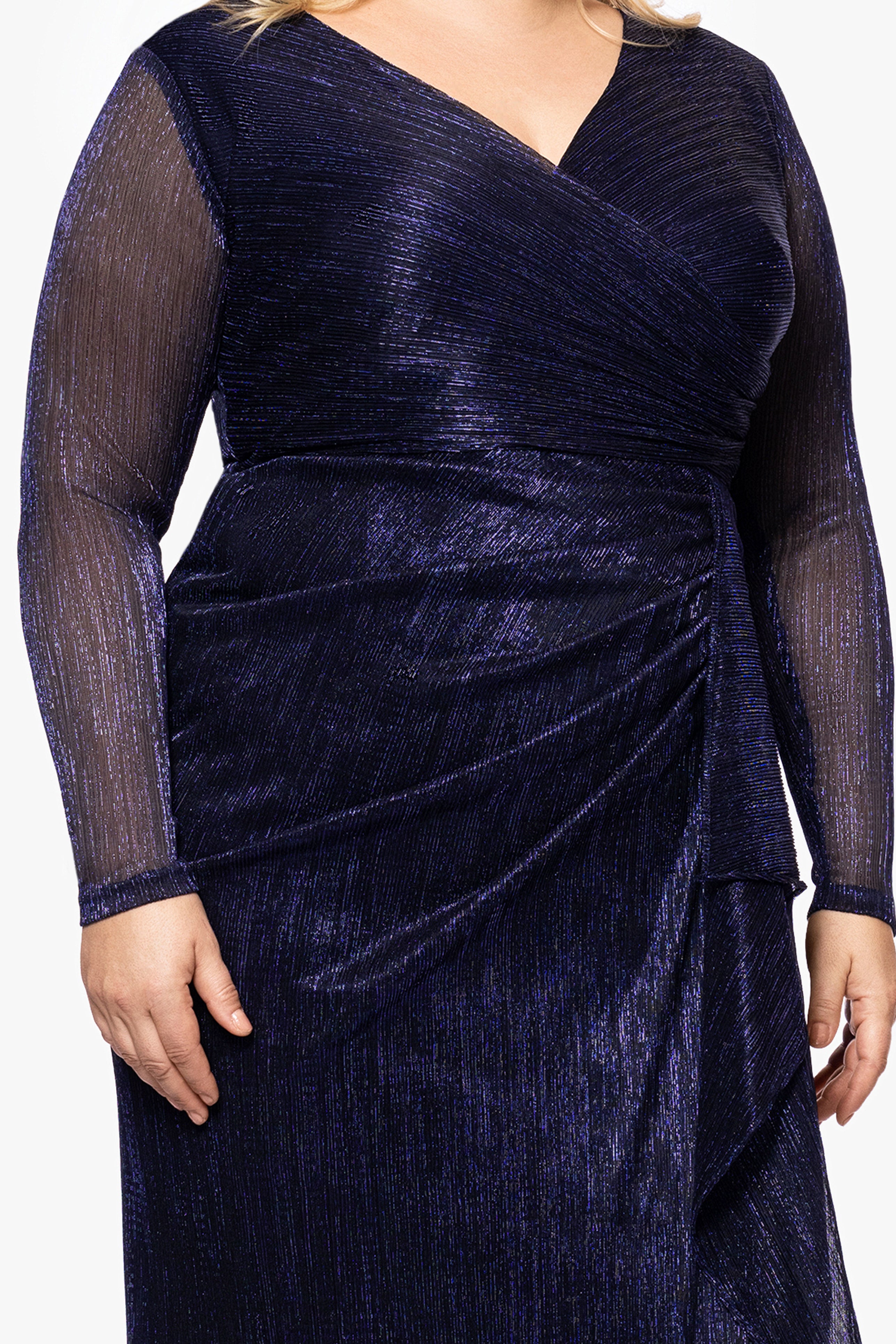 Plus "Maggie" Long Pleated Metallic V-Neck Dress