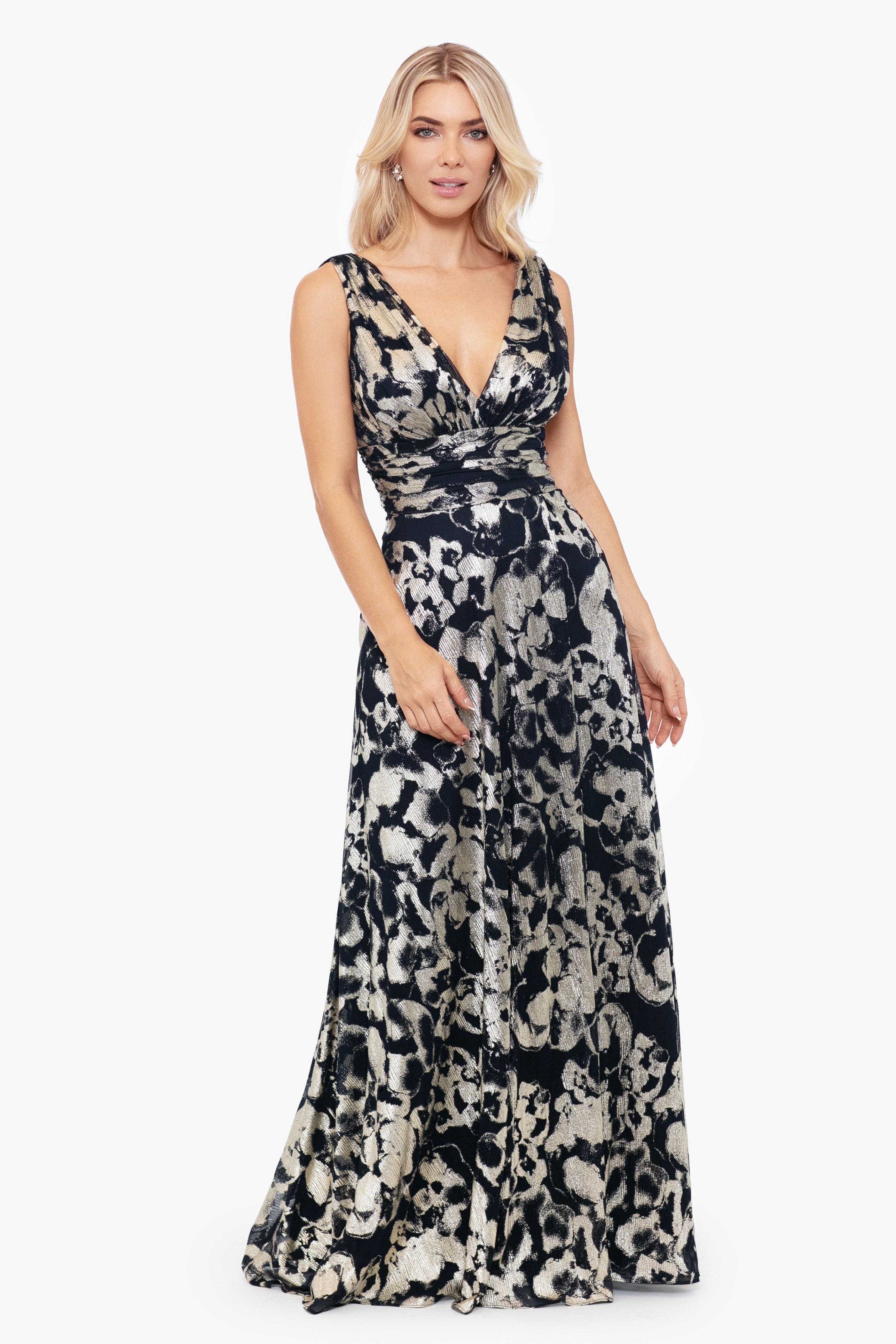 "Maria" Long Foil V-Neck Floor Length Dress