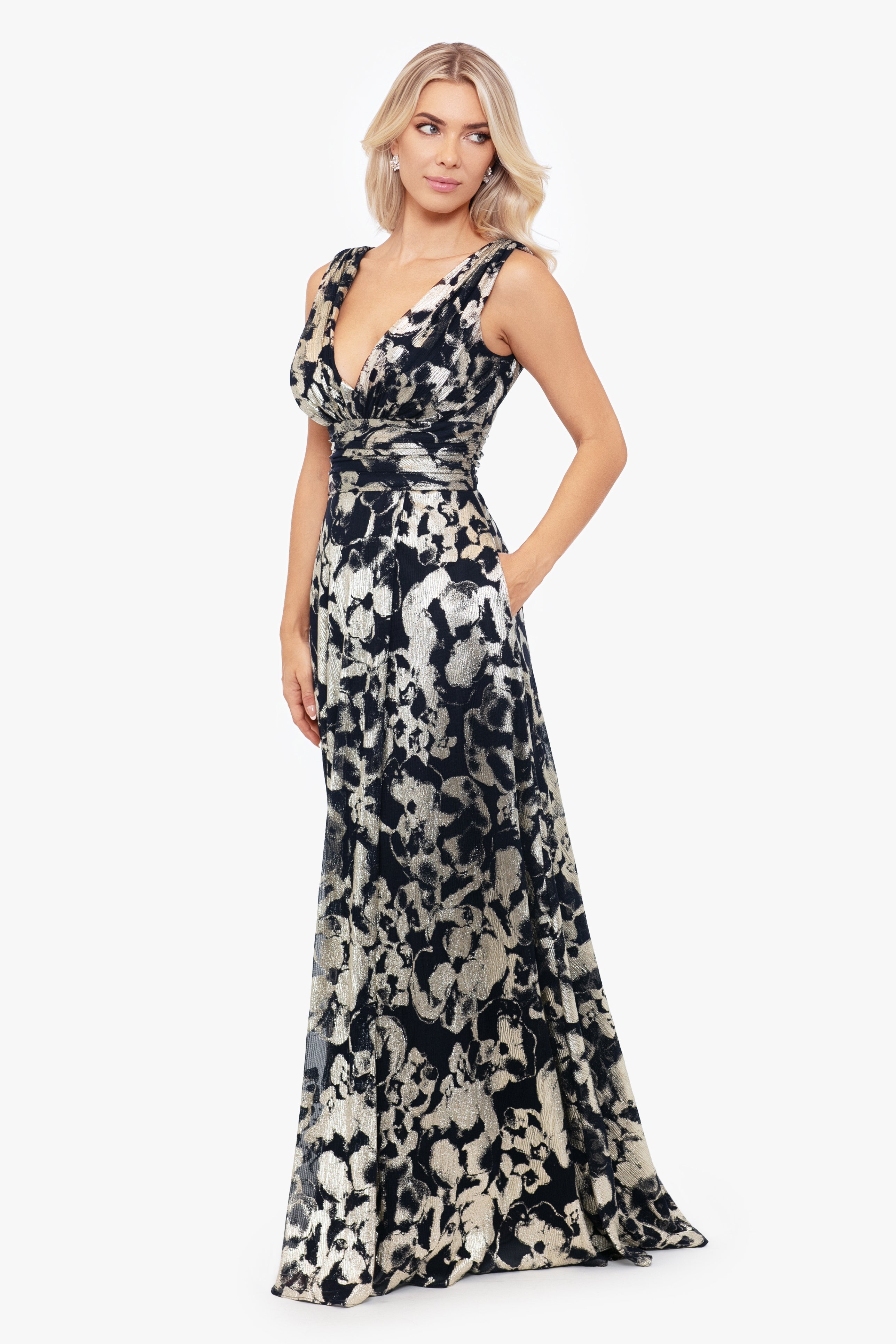 "Maria" Long Foil V-Neck Floor Length Dress