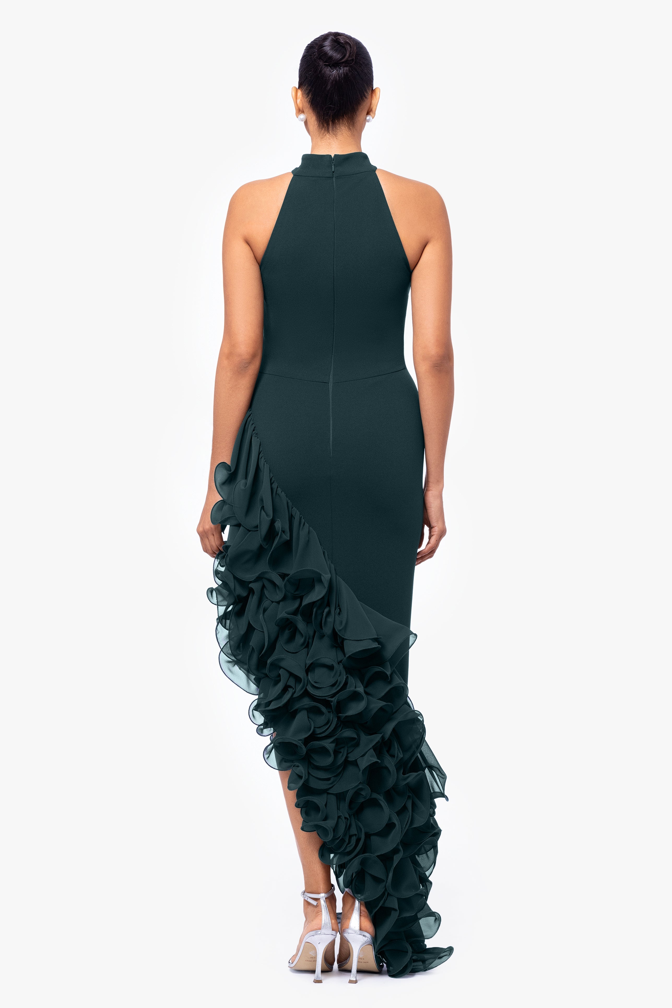 "Mona" Long Ponte Asymmetrical Ruffle Mock Neck Dress