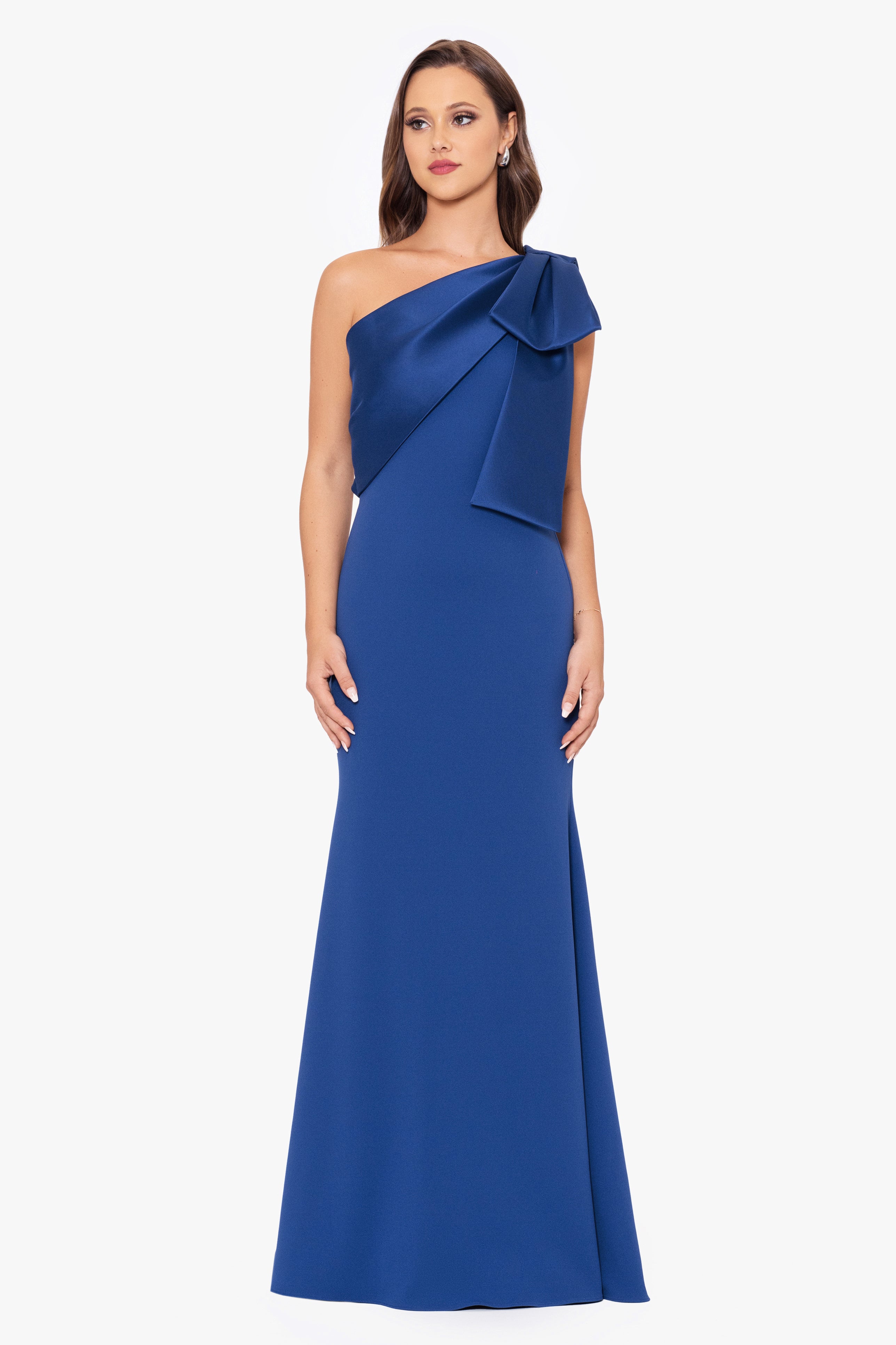 "Carmela" Long Scuba Crepe Dress with Satin Bow