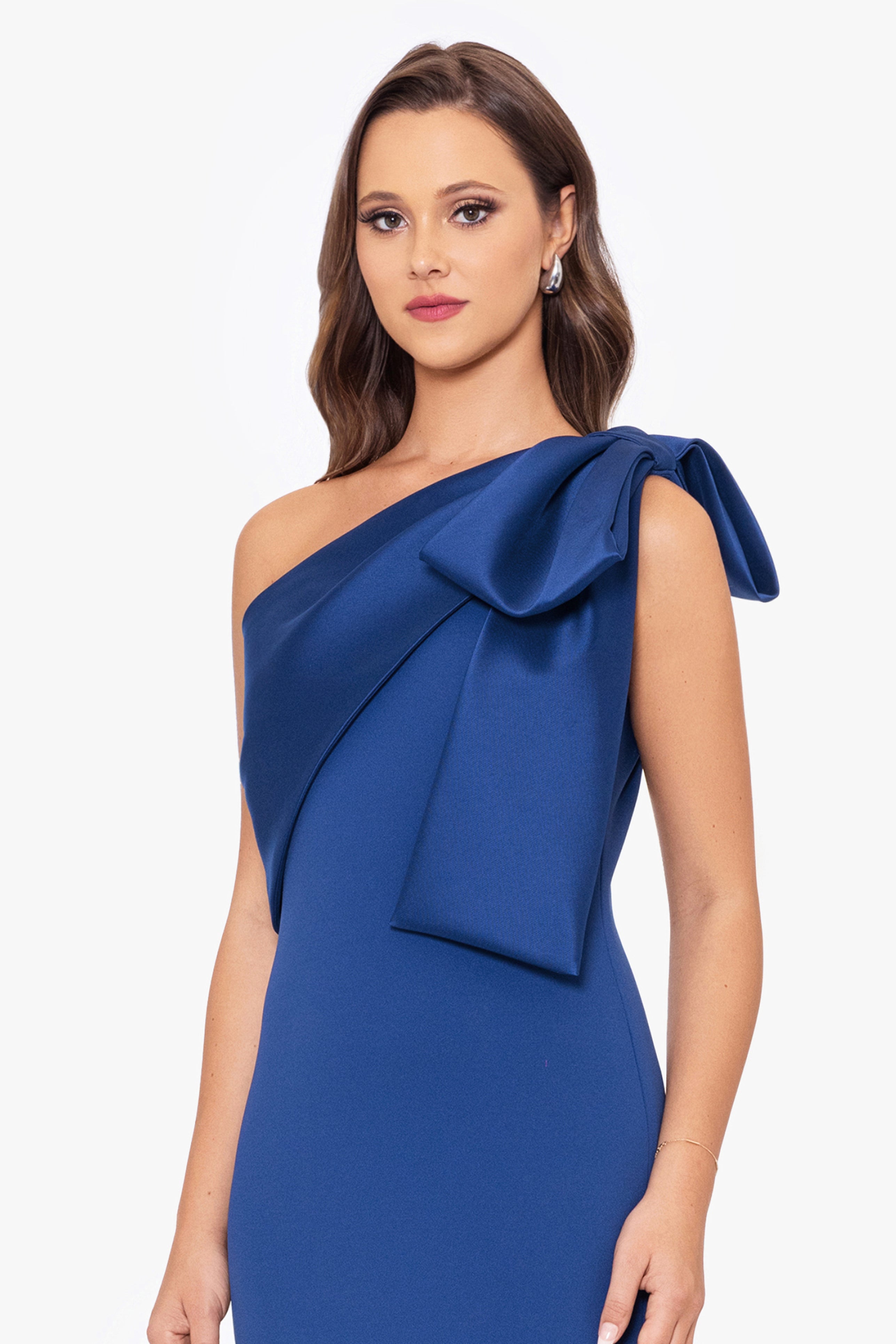 "Carmela" Long Scuba Crepe Dress with Satin Bow