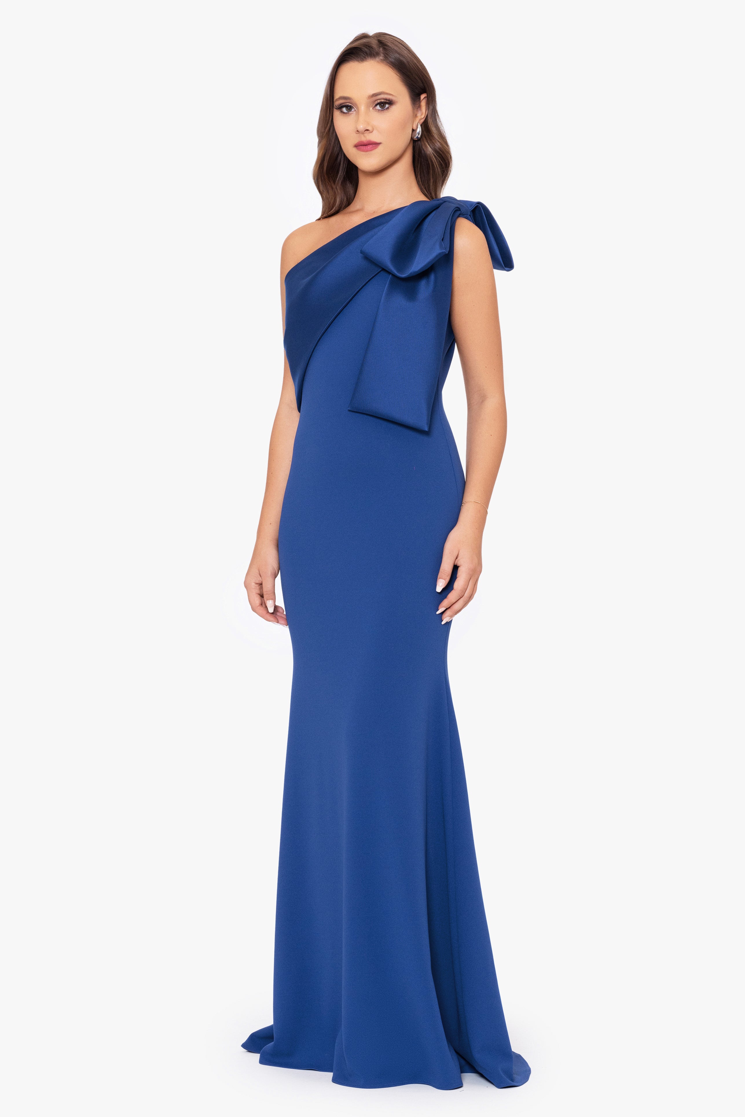 "Carmela" Long Scuba Crepe Dress with Satin Bow