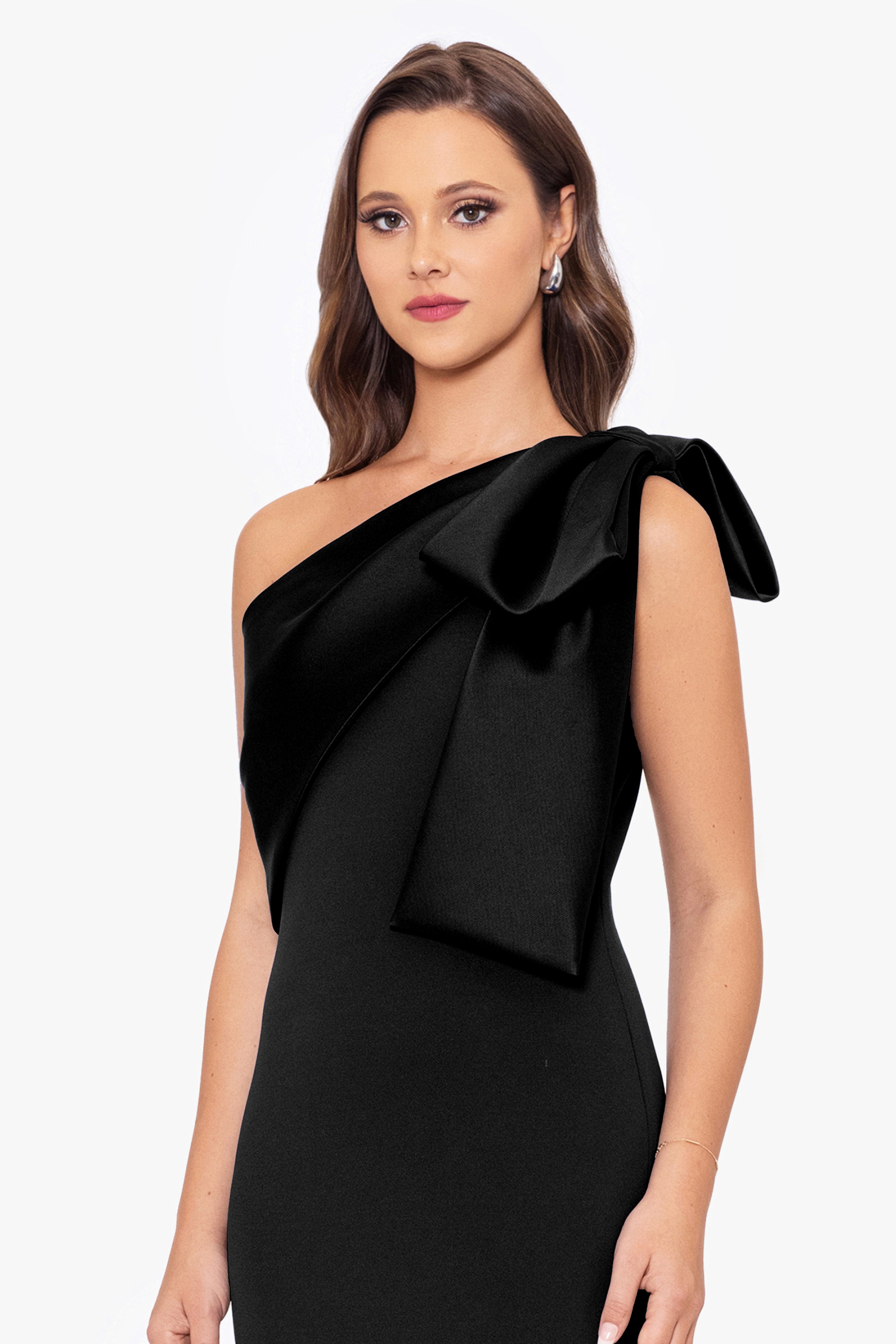 "Carmela" Long Scuba Crepe Dress with Satin Bow