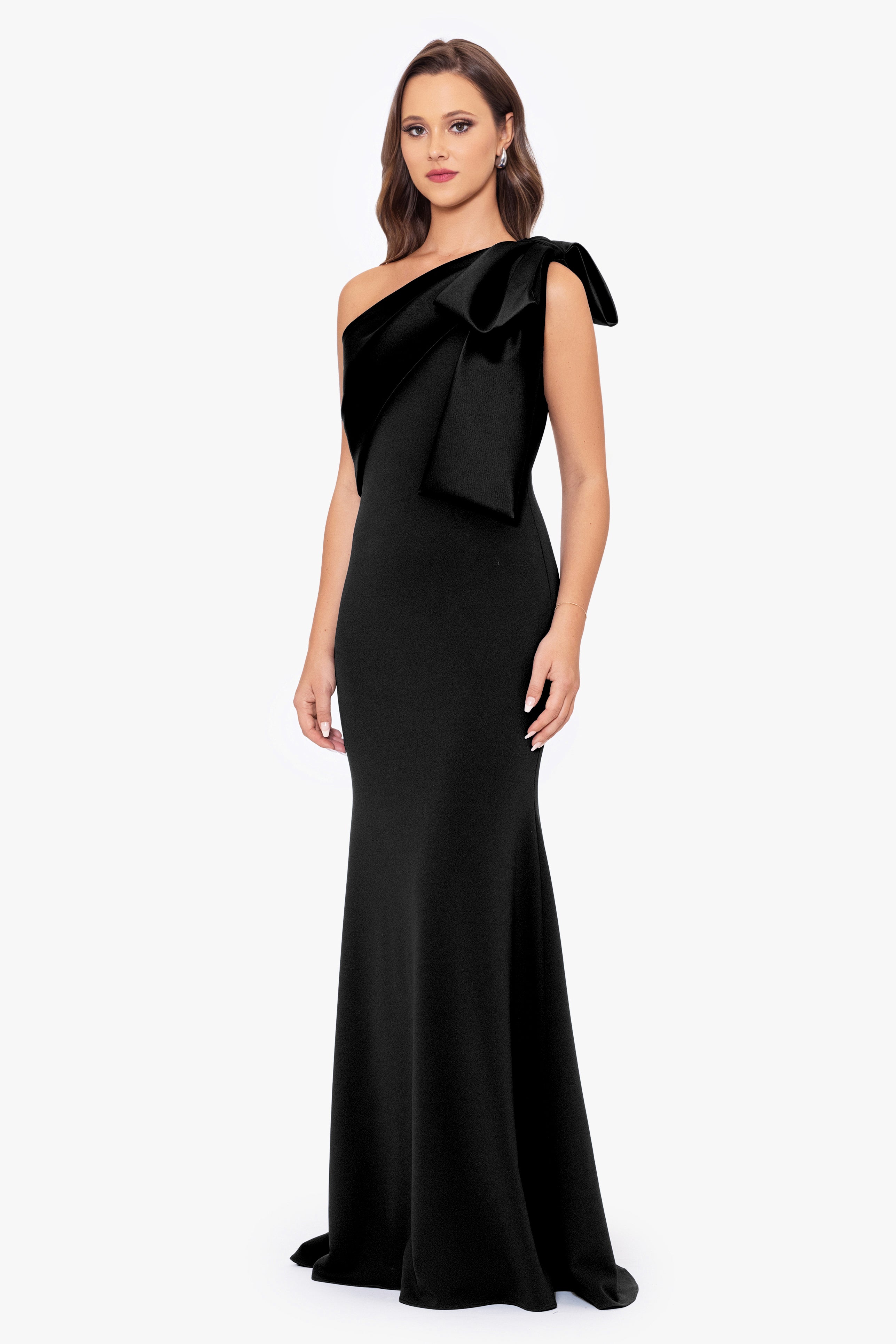 "Carmela" Long Scuba Crepe Dress with Satin Bow