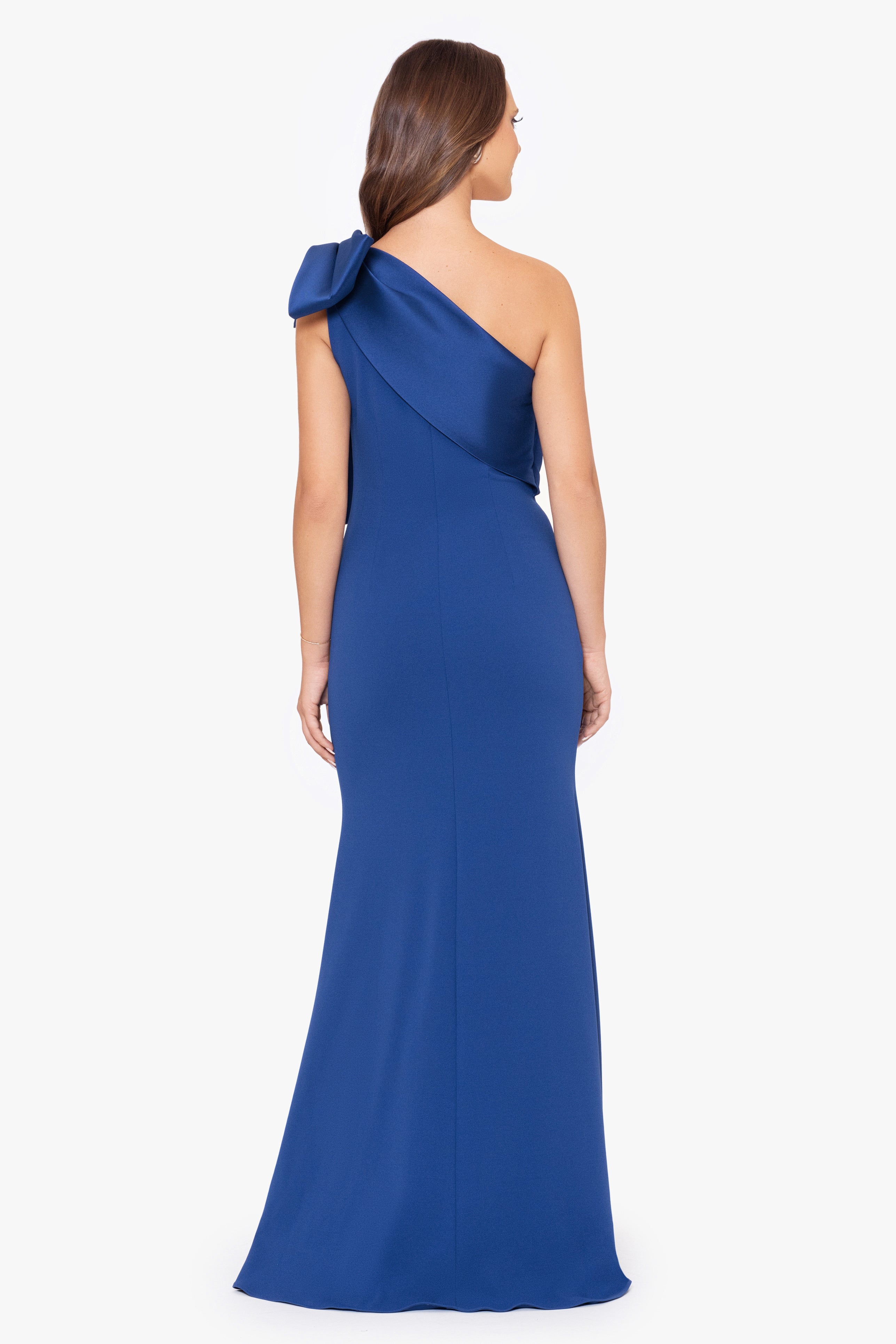 "Carmela" Long Scuba Crepe Dress with Satin Bow