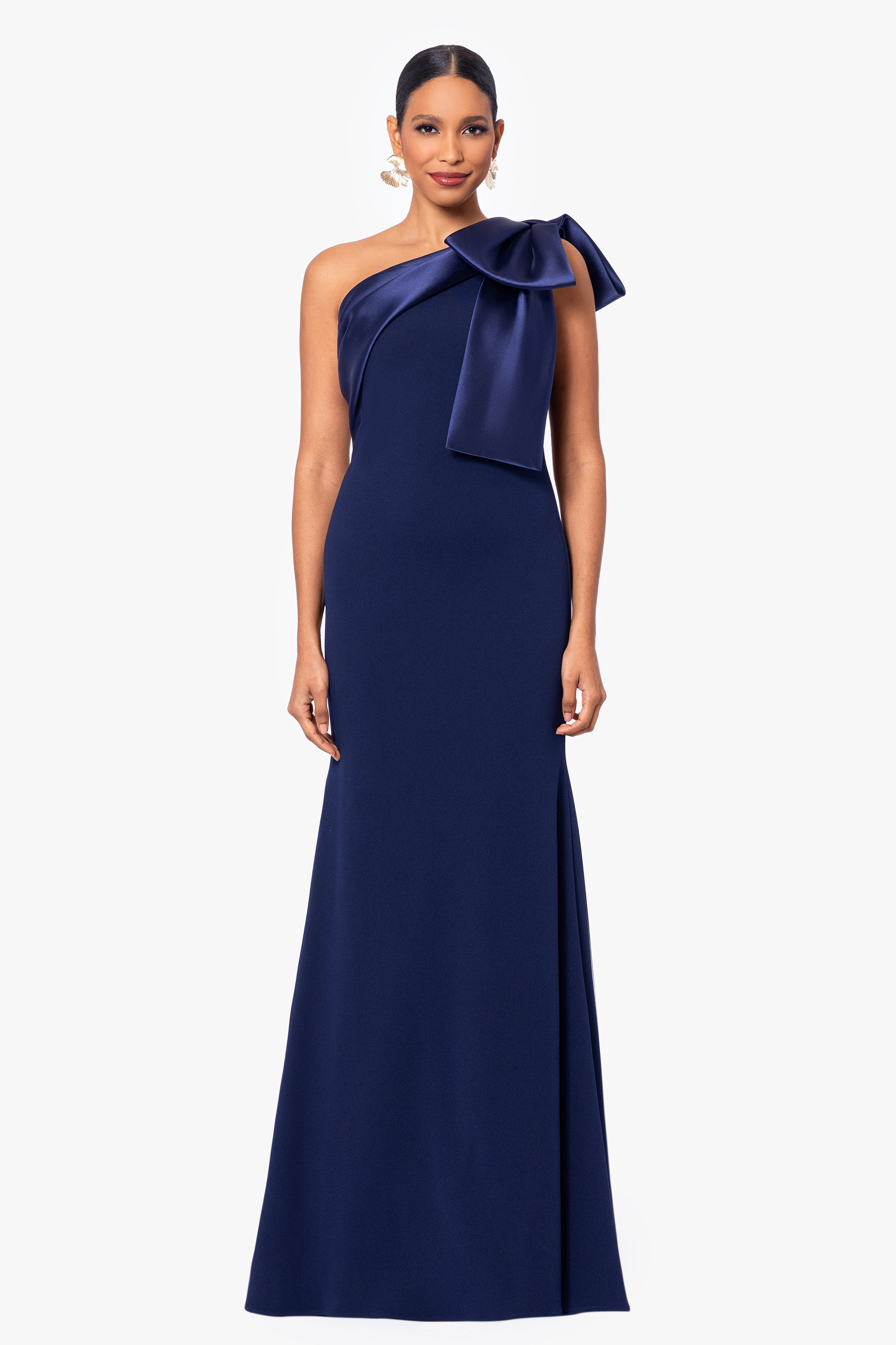 "Carmela" Long Scuba Crepe Dress with Satin Bow