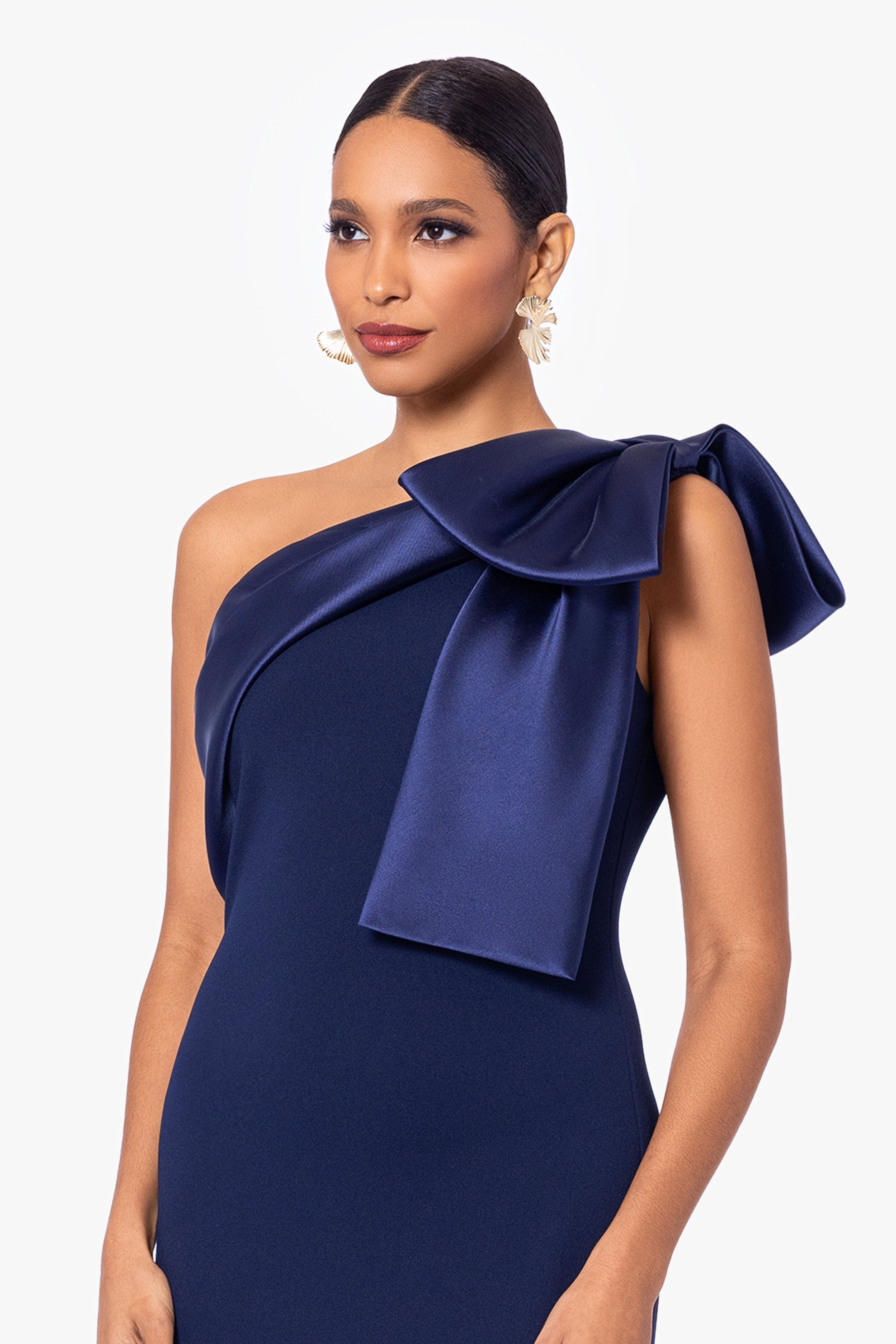 "Carmela" Long Scuba Crepe Dress with Satin Bow