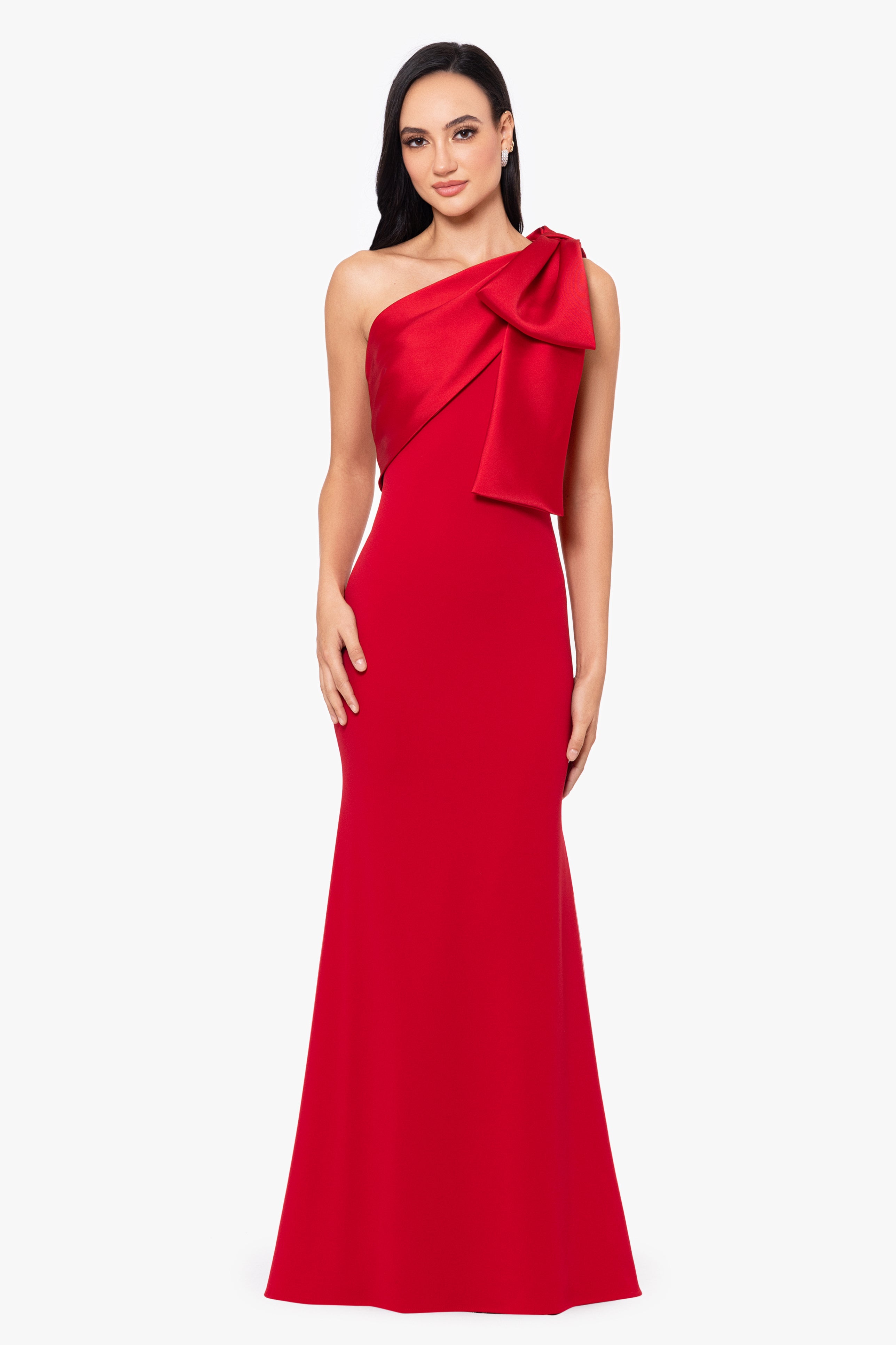 "Carmela" Long Scuba Crepe Dress with Satin Bow