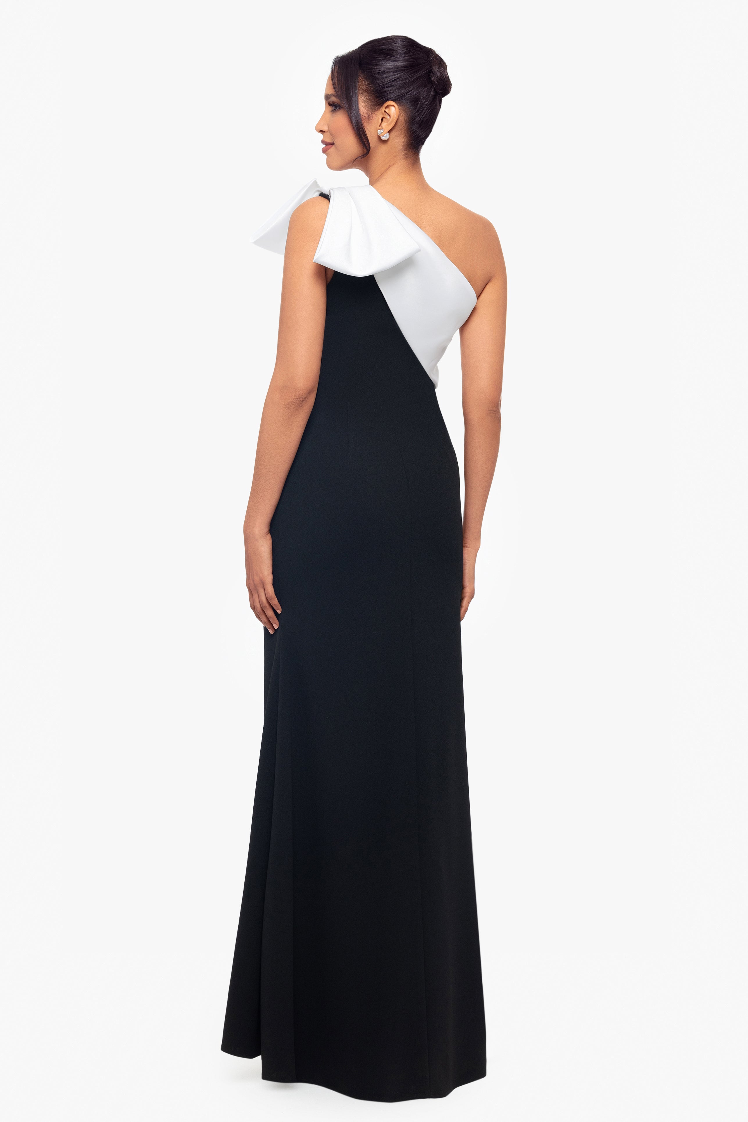 "Carmela" Long Scuba Crepe Dress with Satin Bow