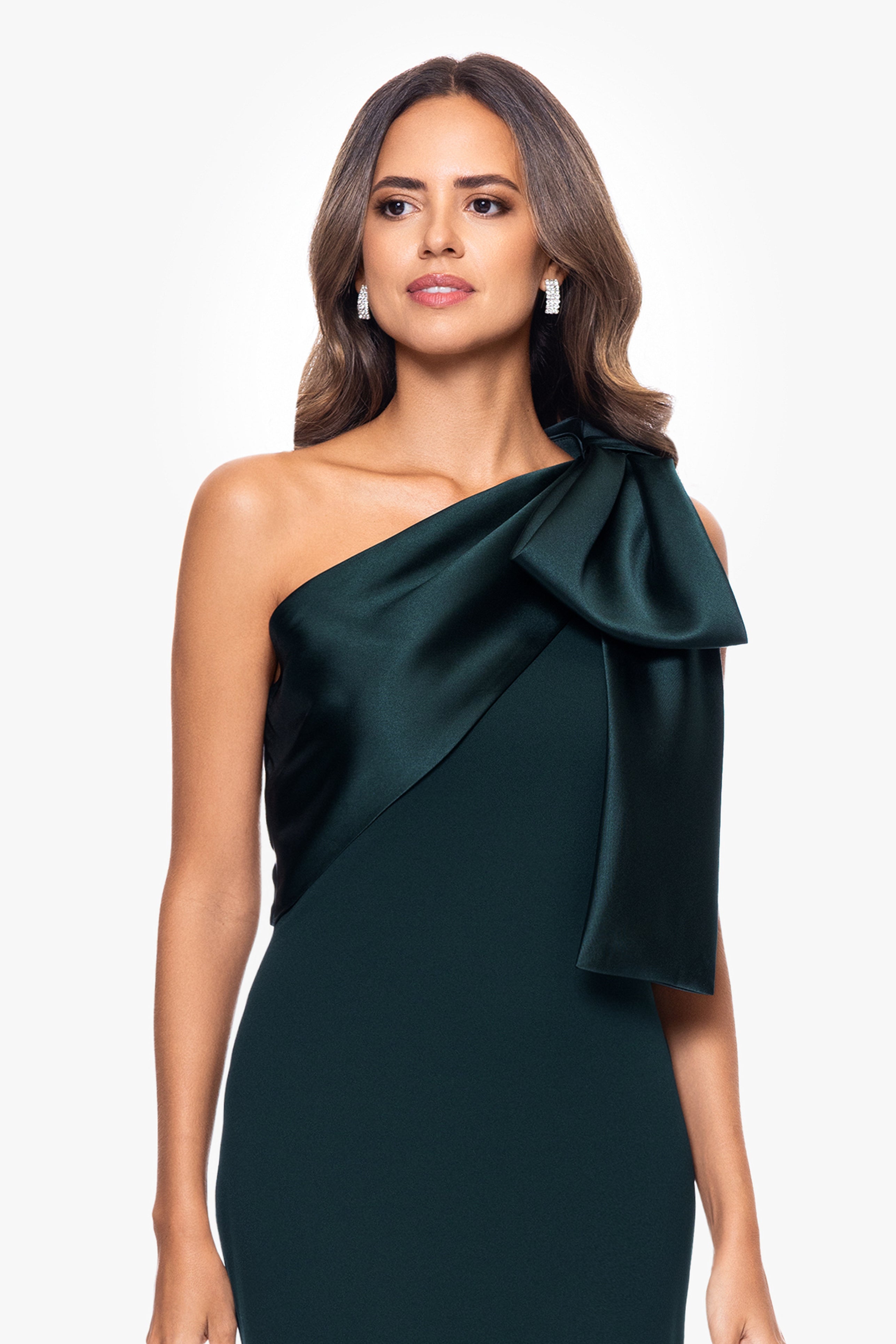 "Carmela" Long Scuba Crepe Dress with Satin Bow