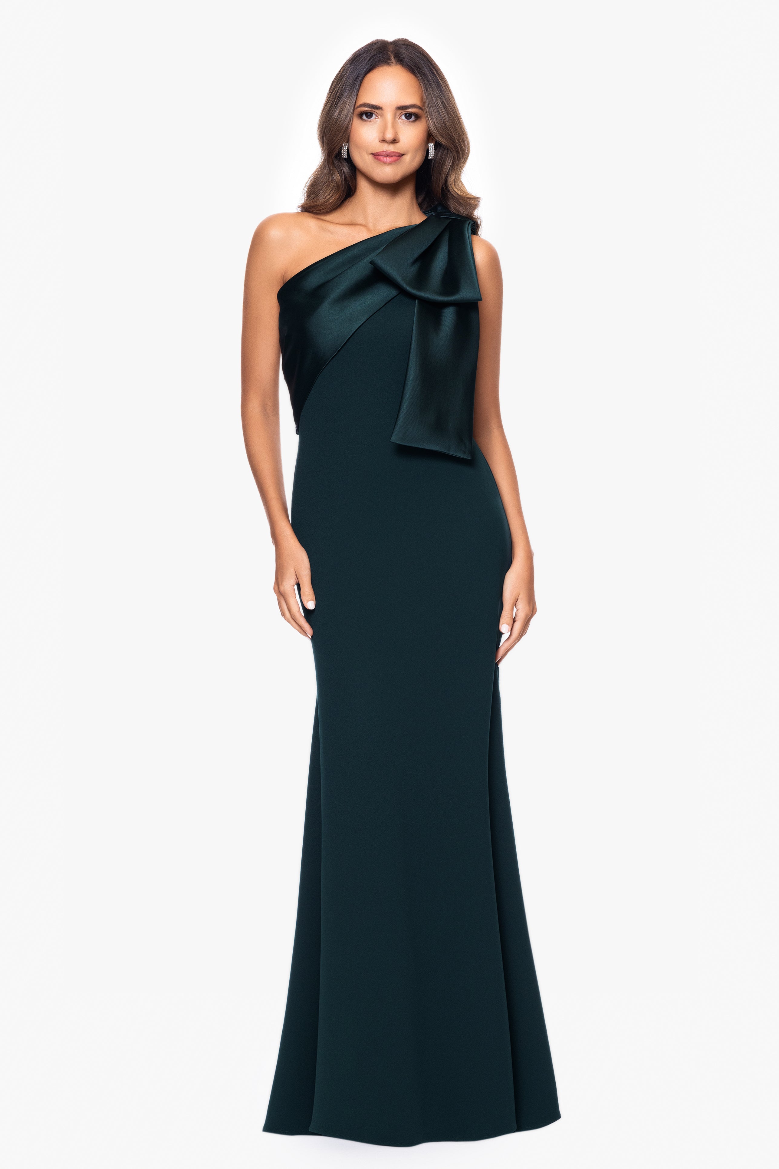 "Carmela" Long Scuba Crepe Dress with Satin Bow