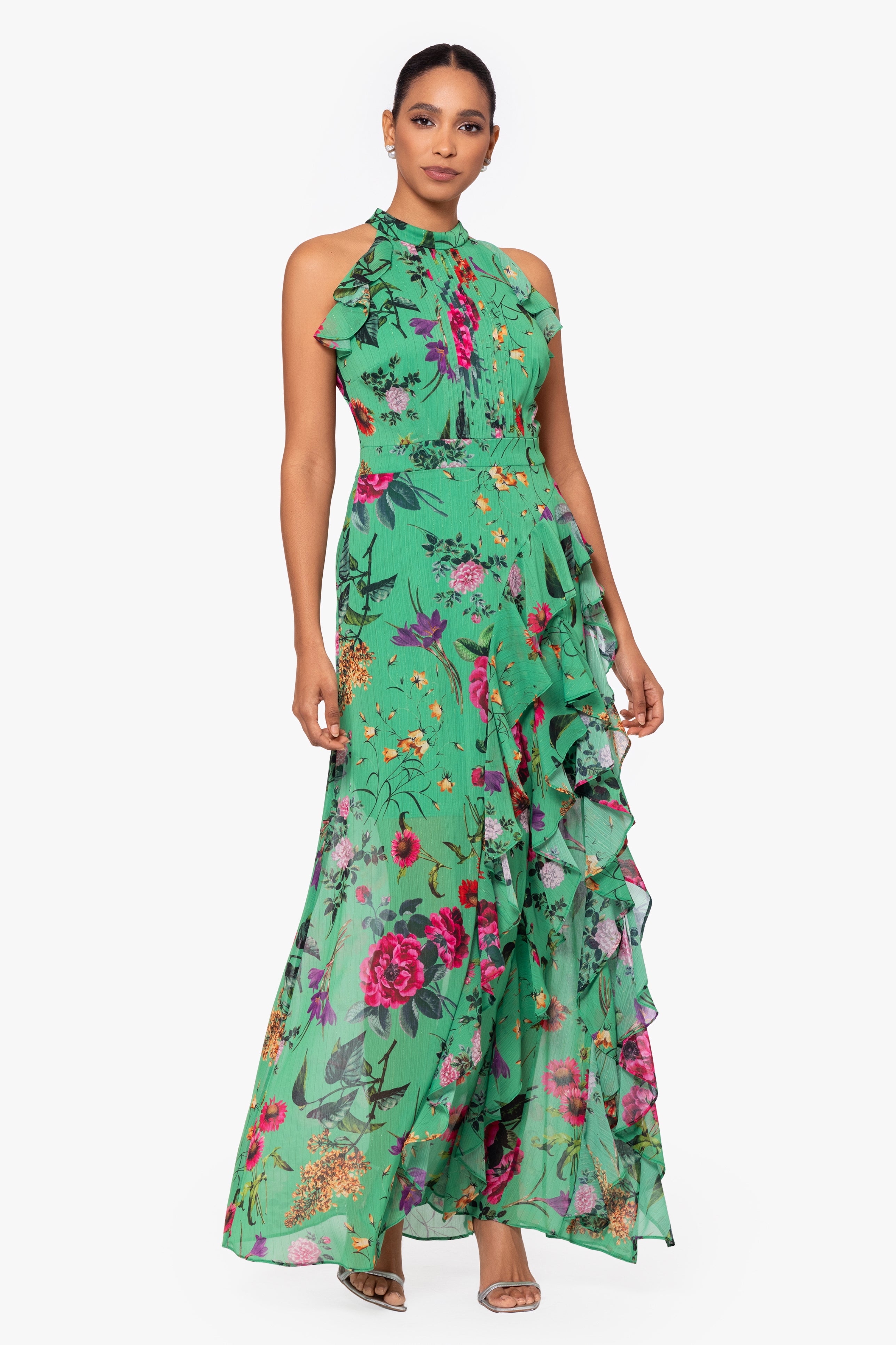 Petite "Sandy" Long Chiffon Floral Ruffle Dress