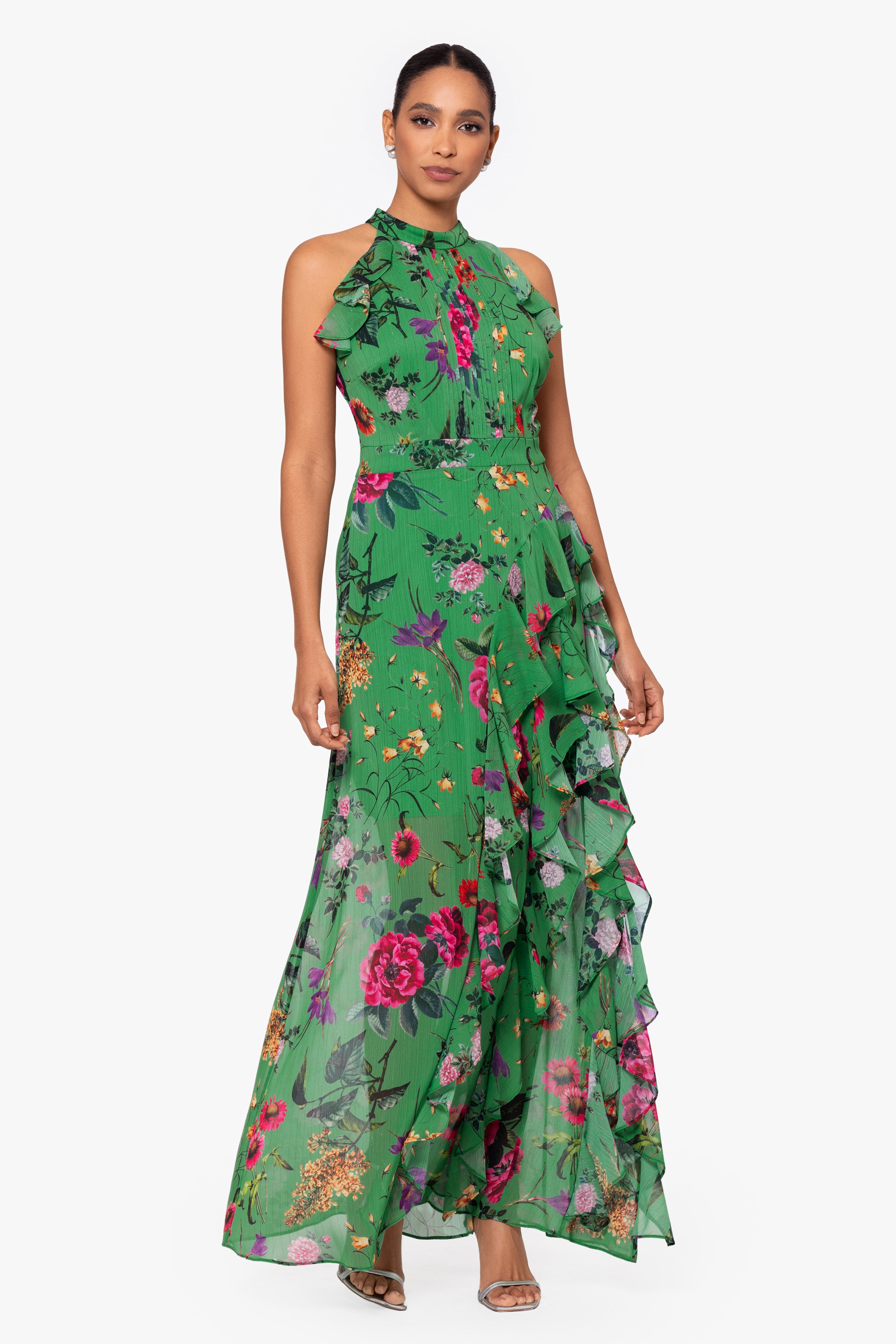 Petite "Sandy" Long Chiffon Floral Ruffle Dress