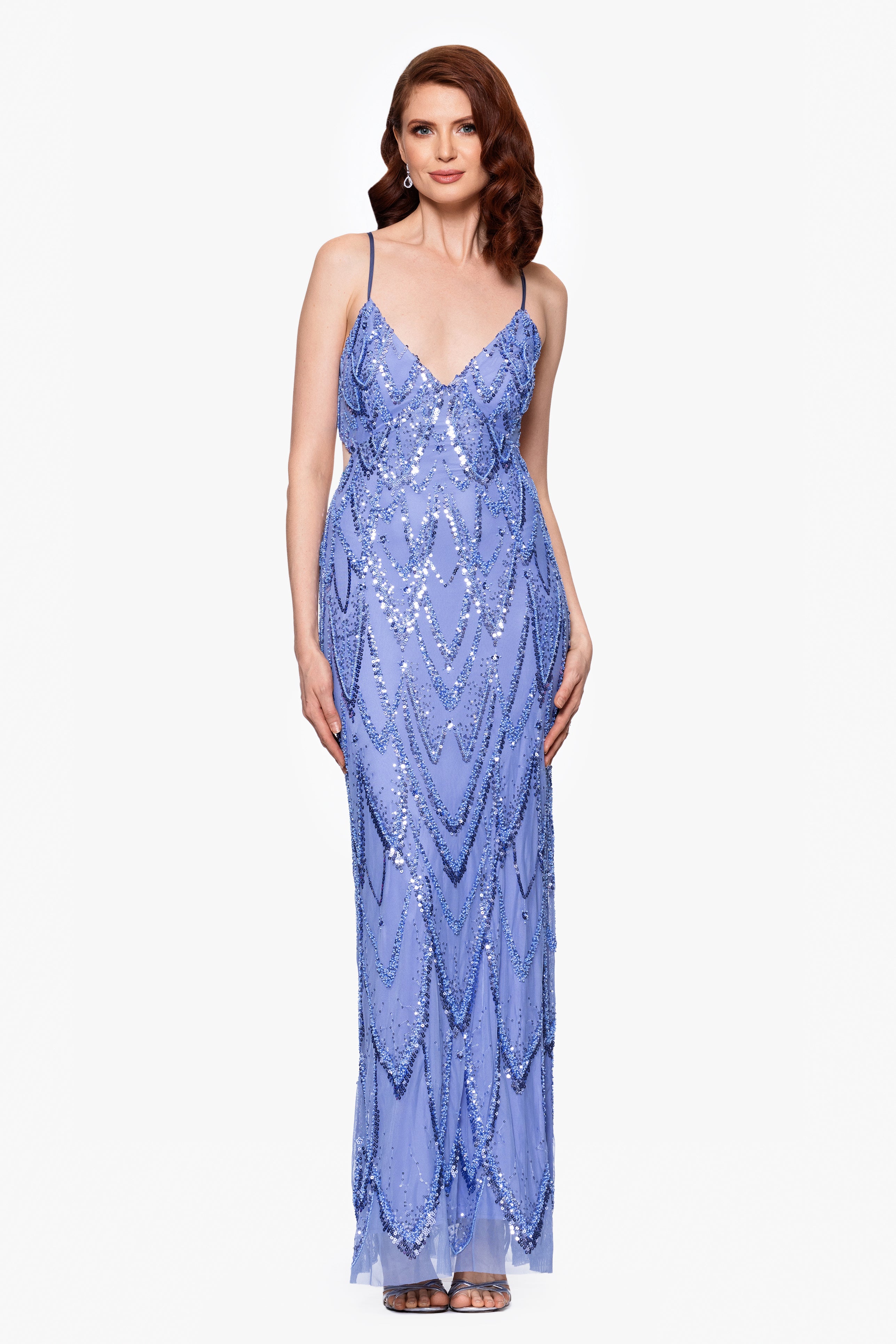 "Joelle" Long Beaded Sequin V-Neck Dress