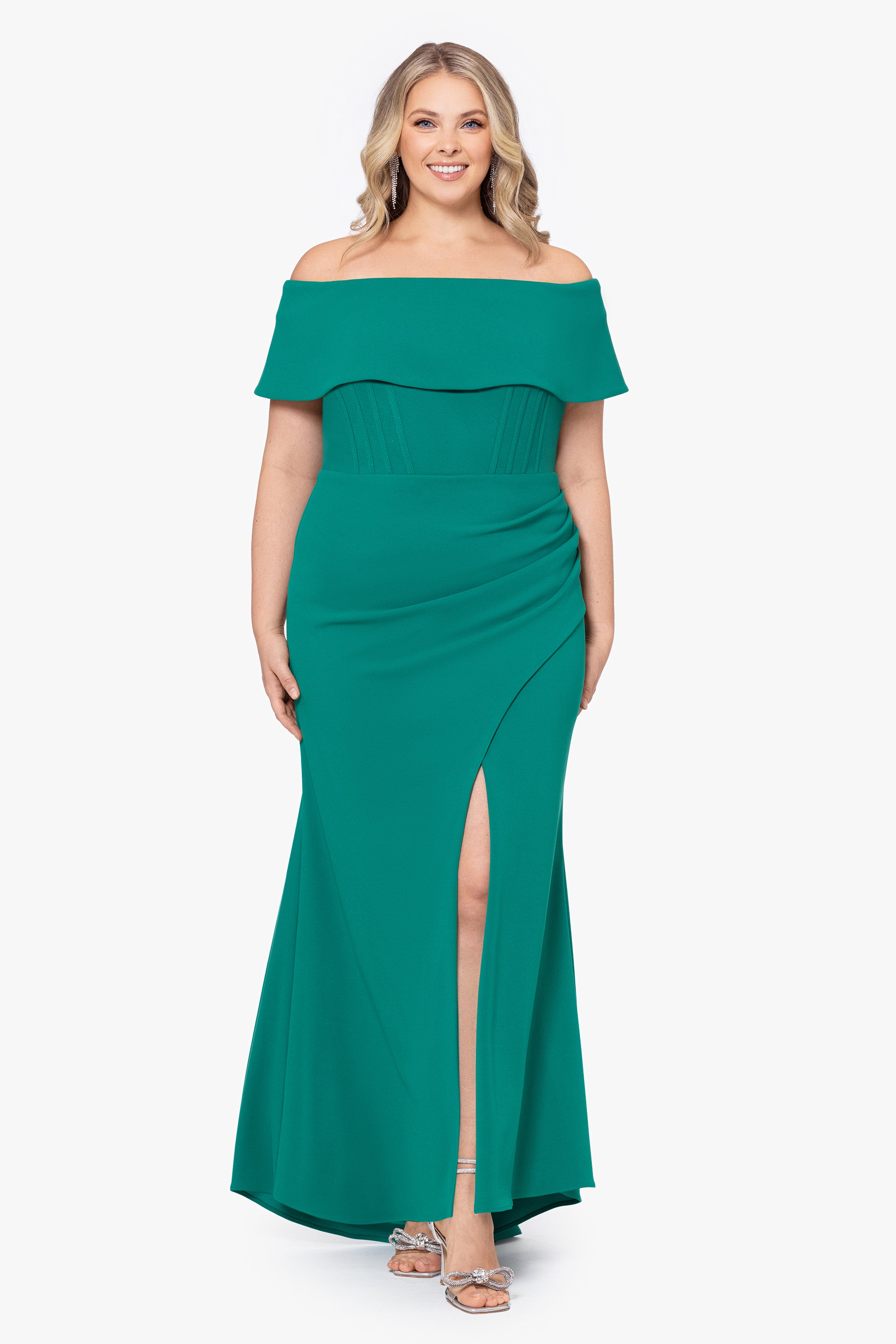 Plus "Ellie" Scuba Crepe Off the Shoulder Boning Gown