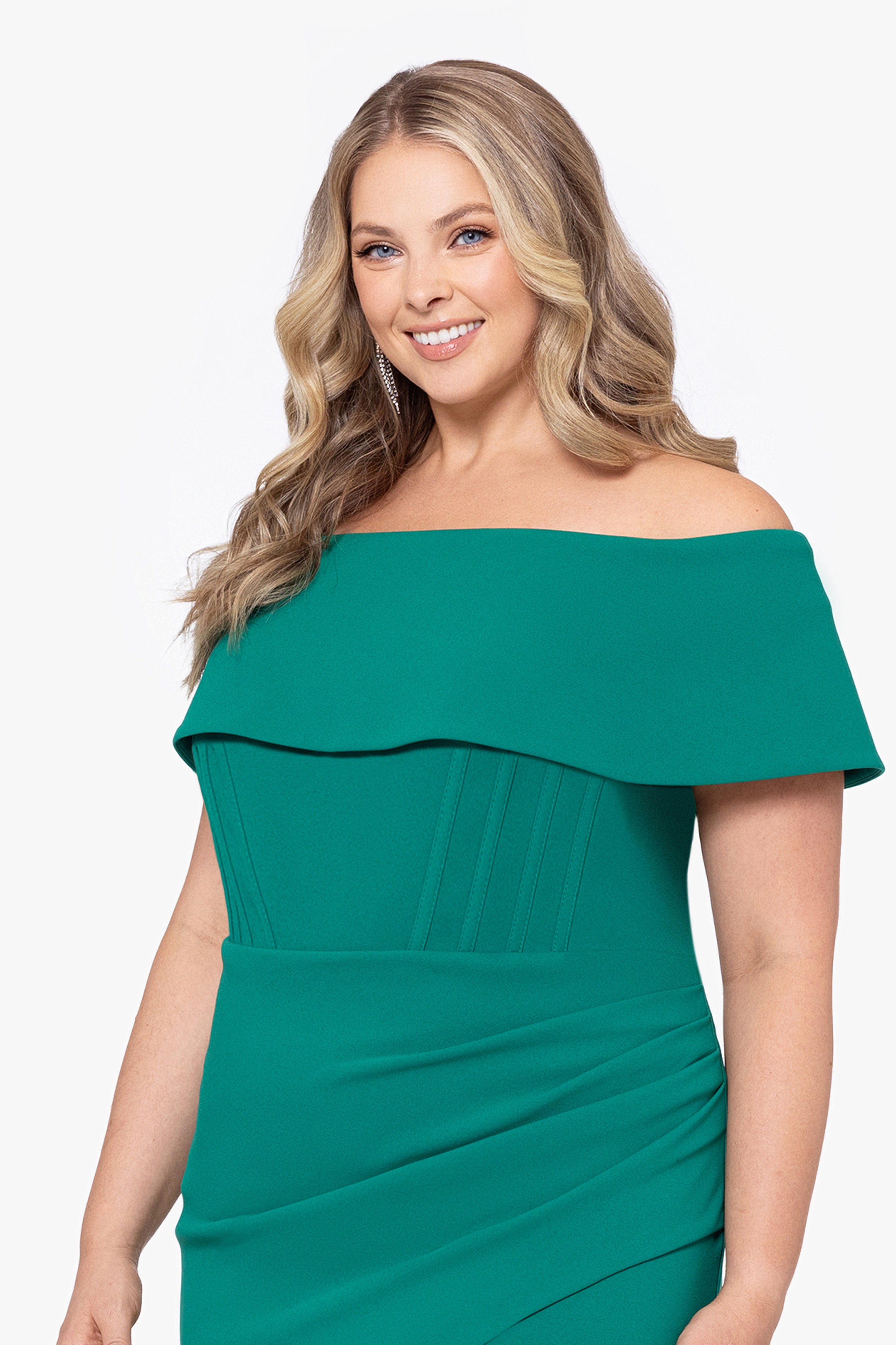 Plus "Ellie" Scuba Crepe Off the Shoulder Boning Gown