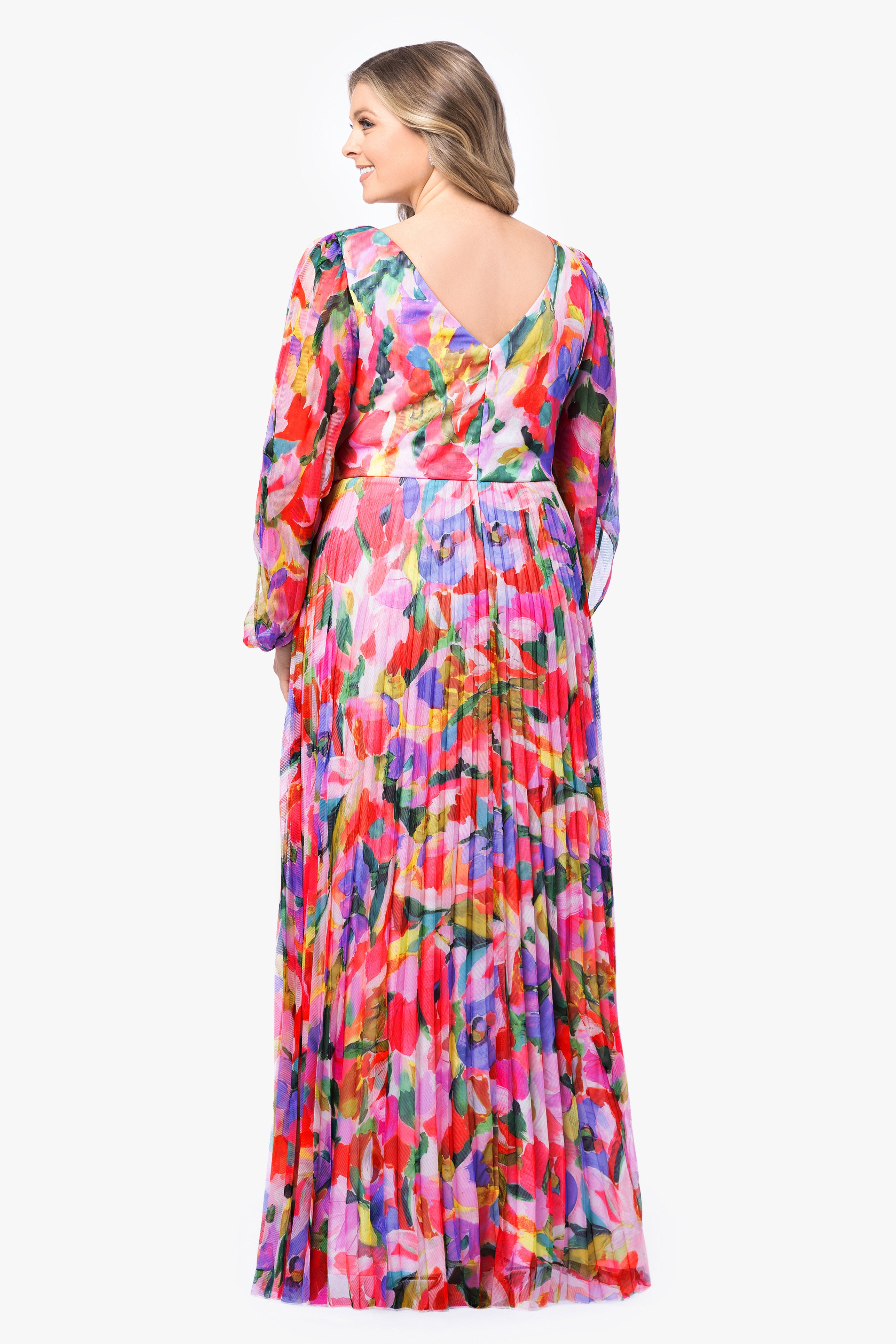 Plus "Amber" Long Sleeve Chiffon Print Floor Length Dress