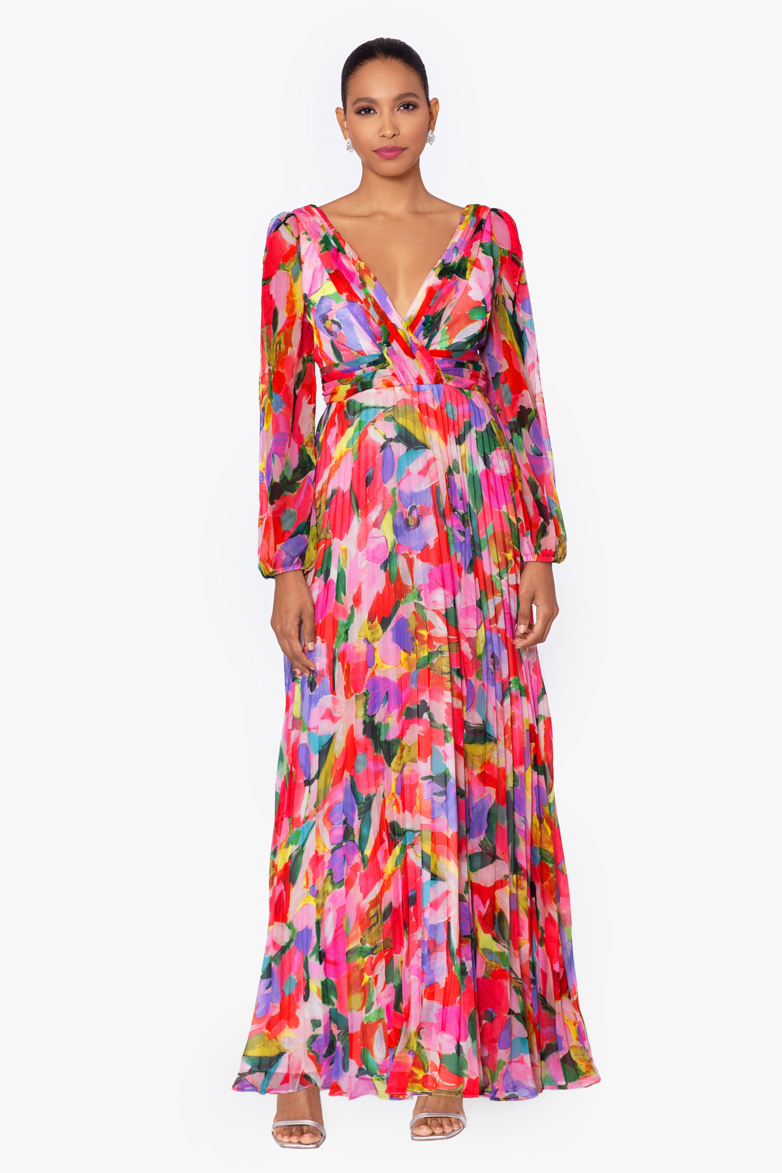 "Amber" Long Sleeve Chiffon Print Floor Length Dress