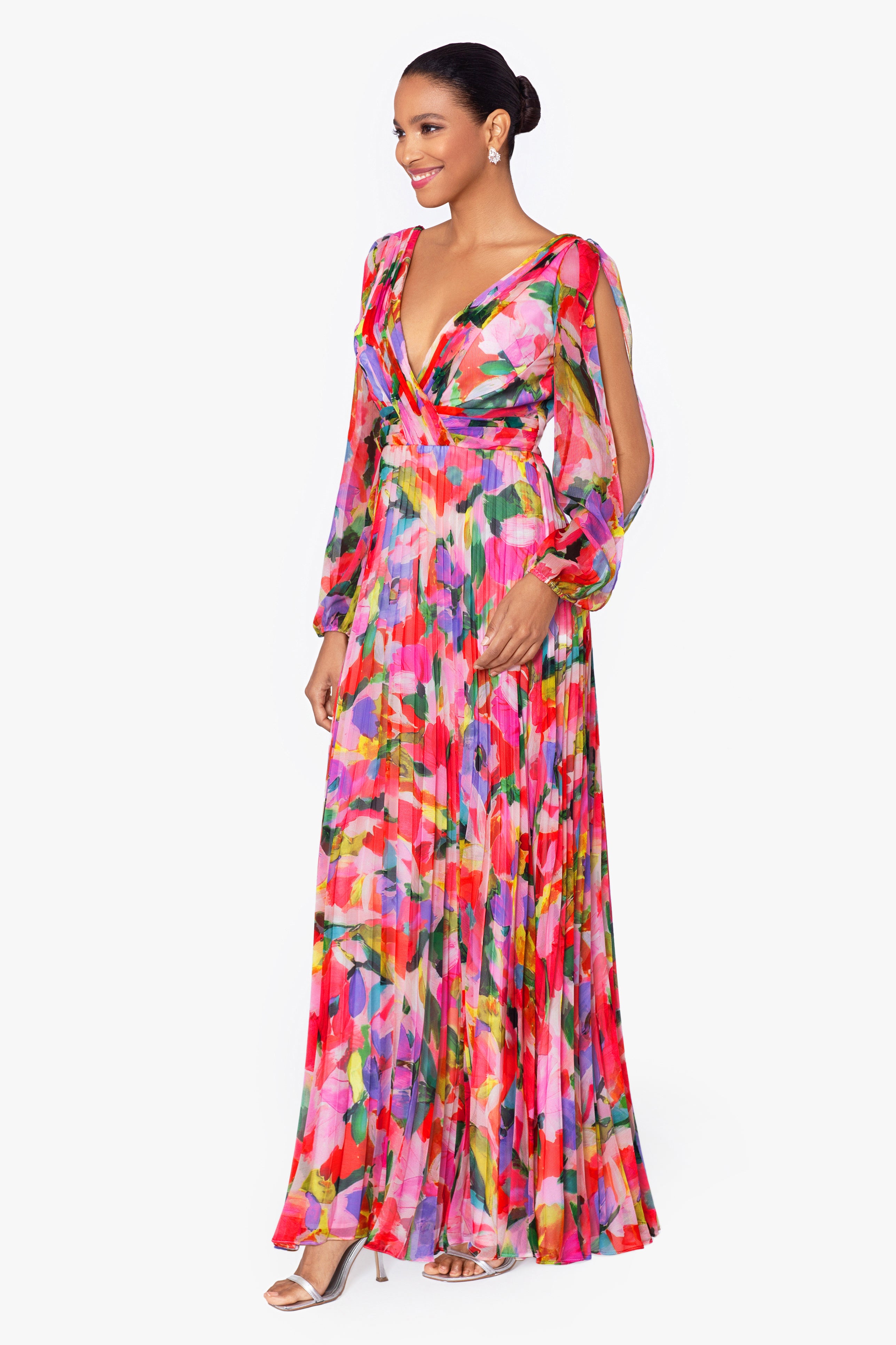 "Amber" Long Sleeve Chiffon Print Floor Length Dress