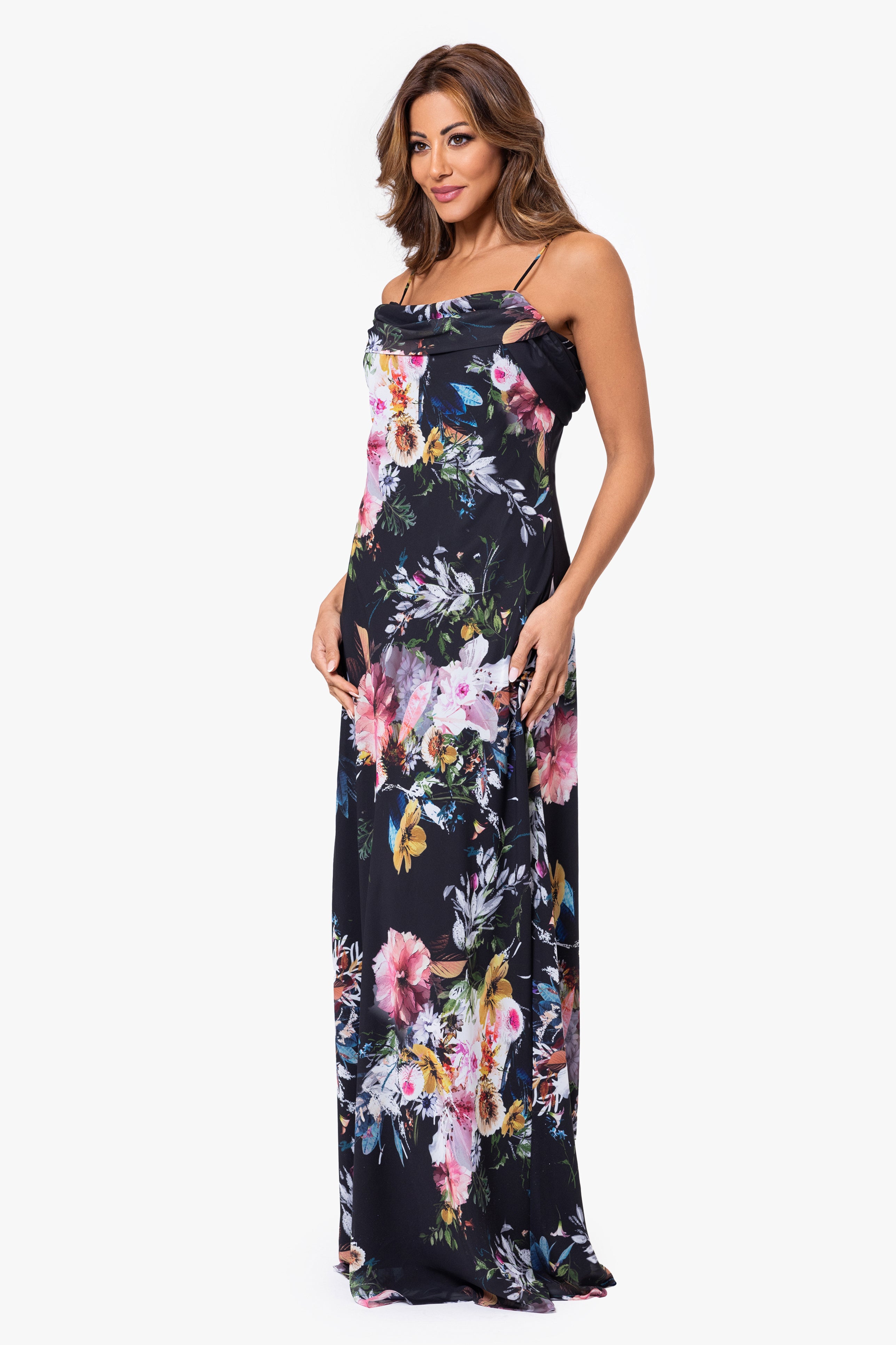 "Chelsea" Long Chiffon Drape Front Dress