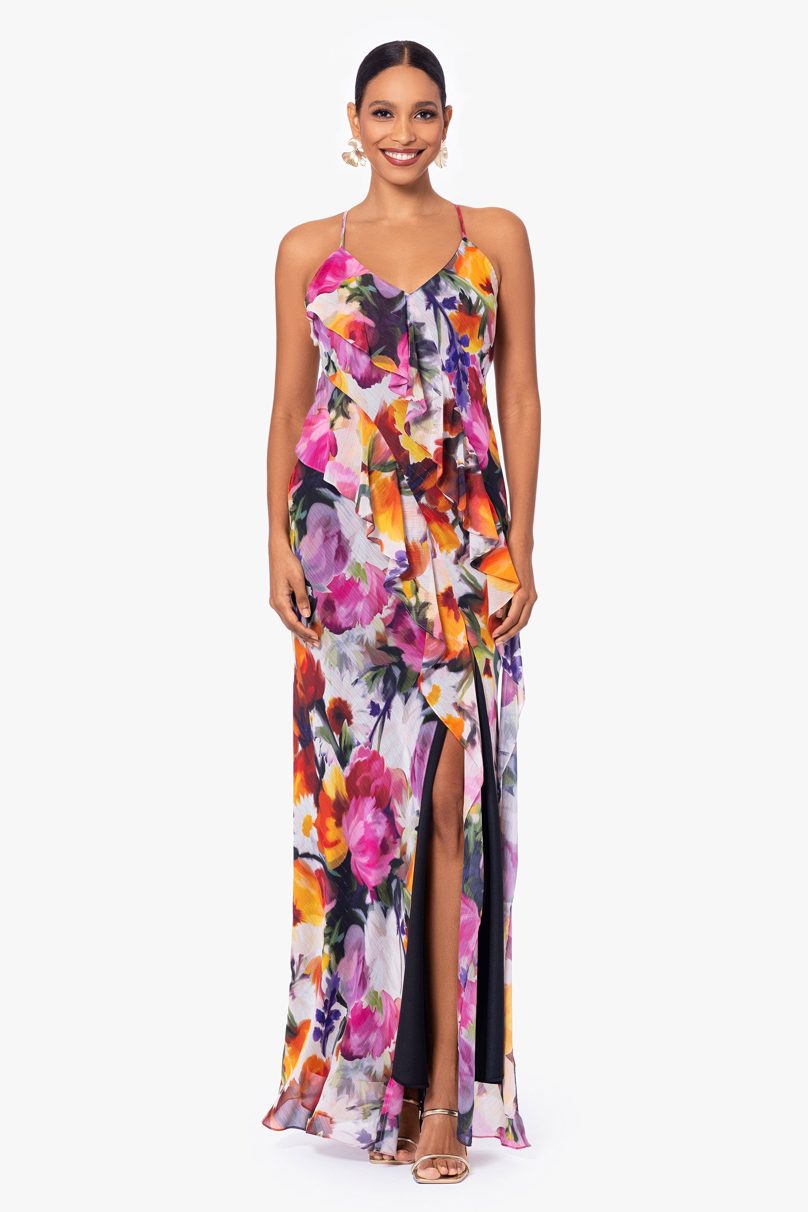 Petite "Mary" Long Chiffon Floral Print Dress