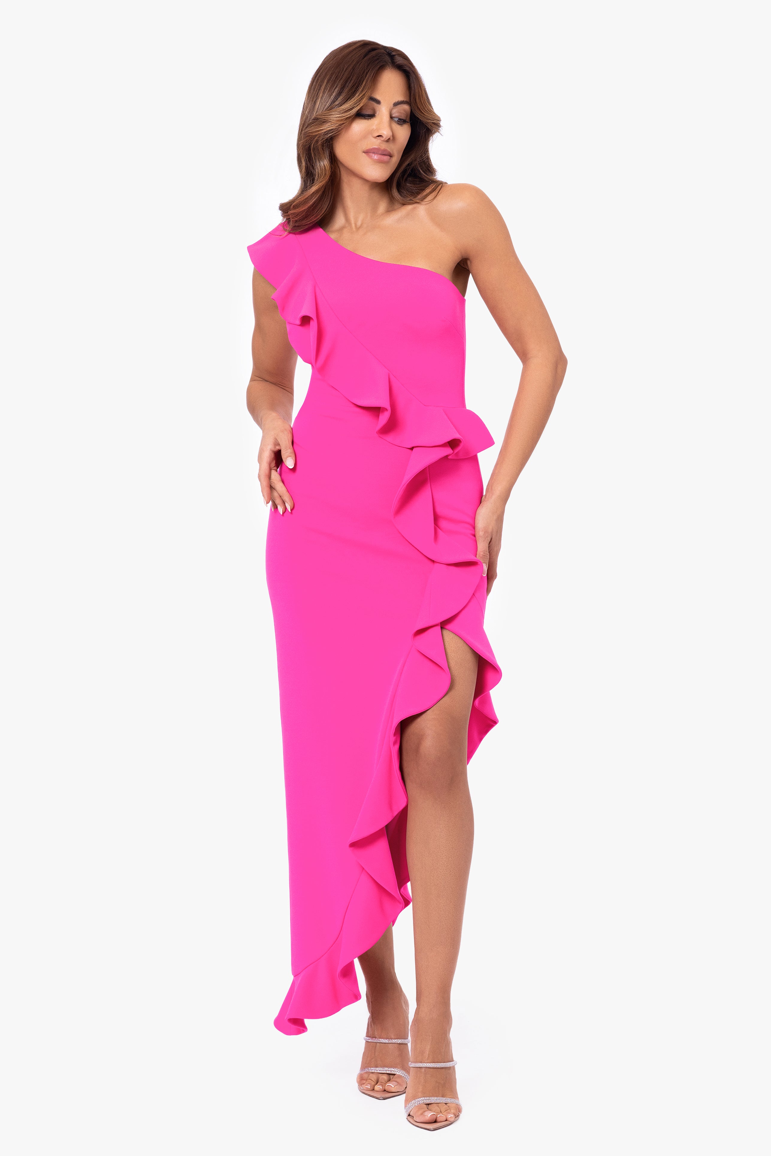 "Zola" Scuba Crepe Asymmetrical Ruffle Dress