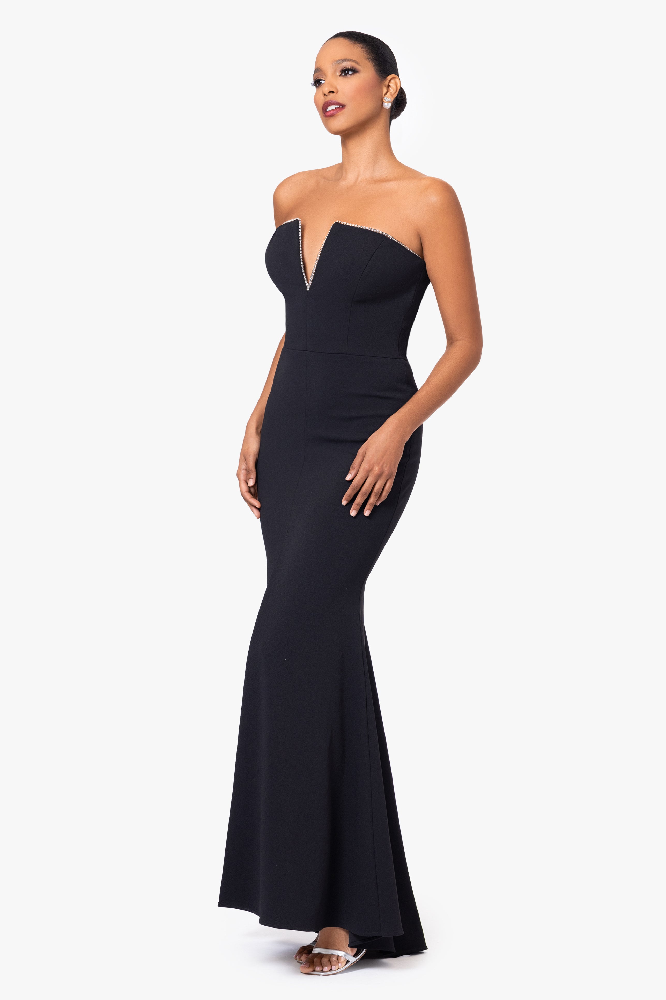 "Raven" Strapless Split V-Neck Floor Length Dress