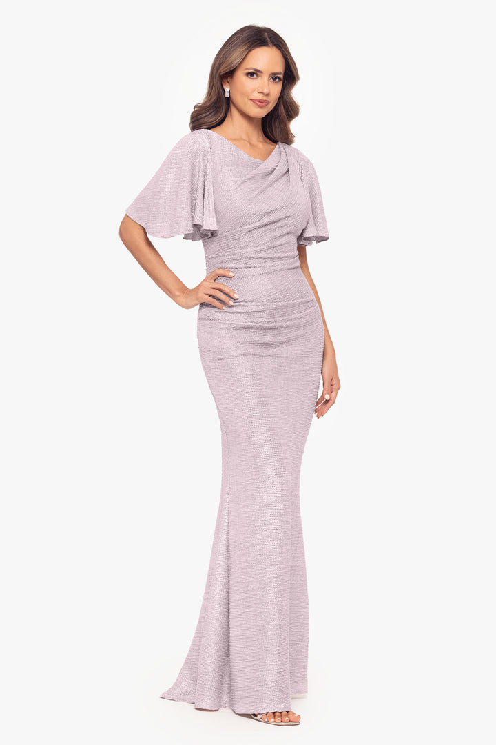 "Demetria" Long Metallic Flutter Sleeve Dress