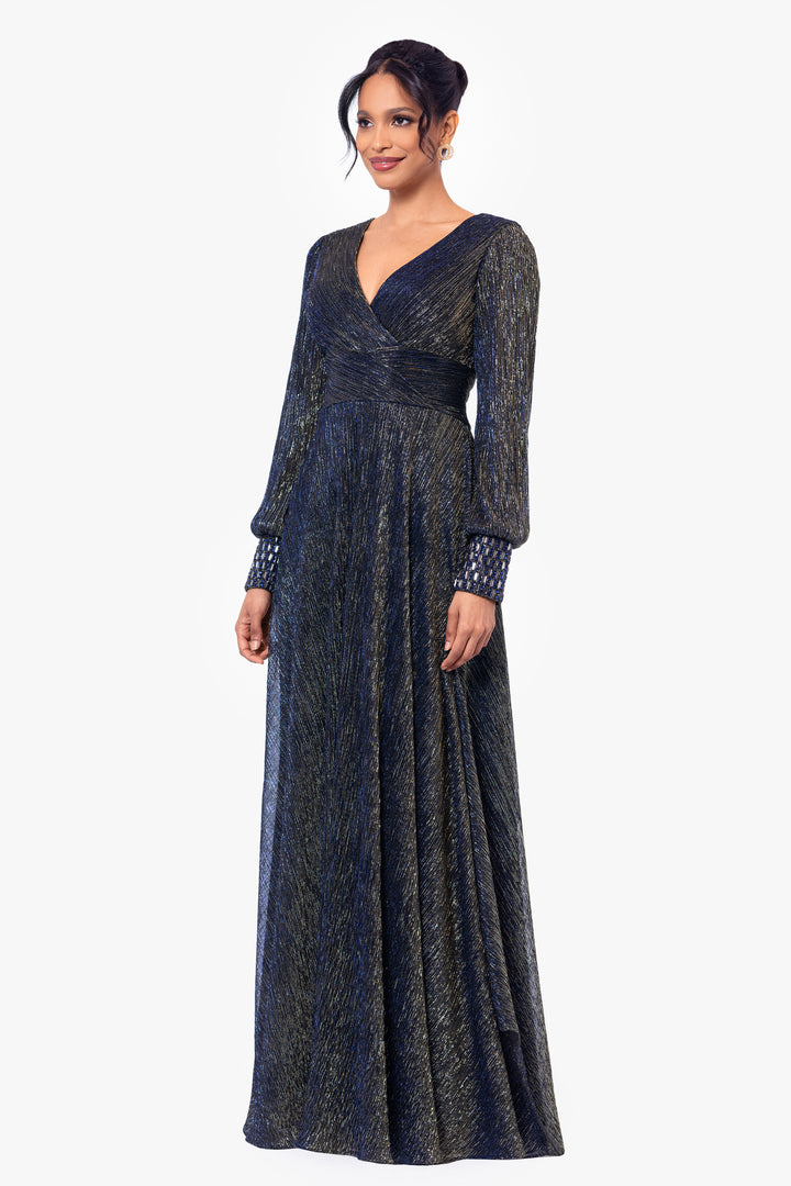 "Clarise" Long Sleeve Galaxy Pleated Foil Gown