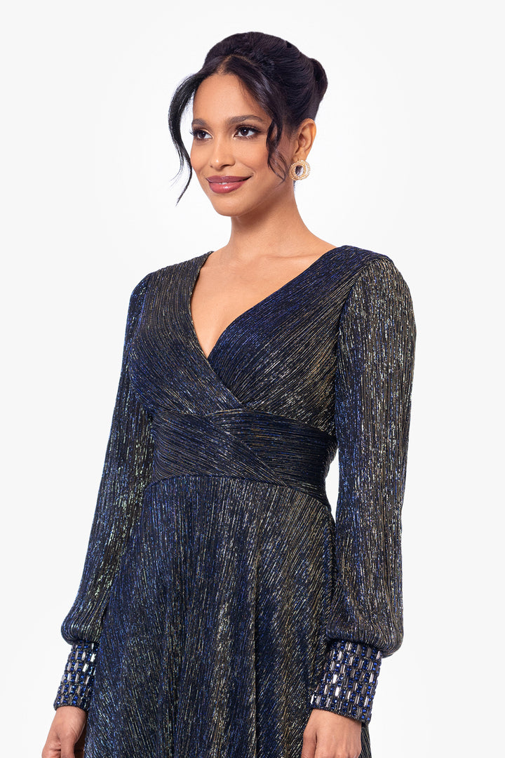 "Clarise" Long Sleeve Galaxy Pleated Foil Gown