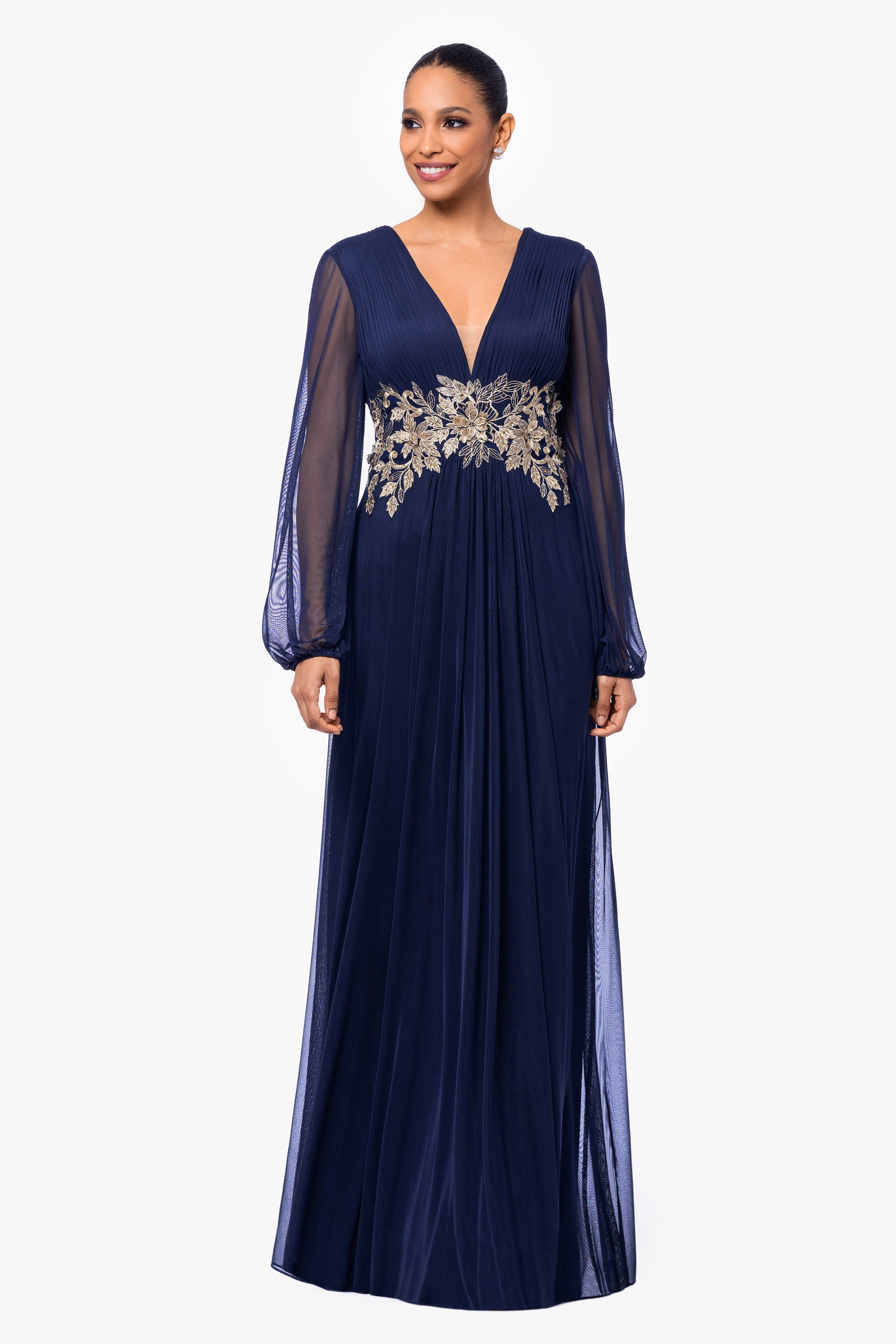 "Rebecca" Long Sleeve Mesh Floor Length Gown