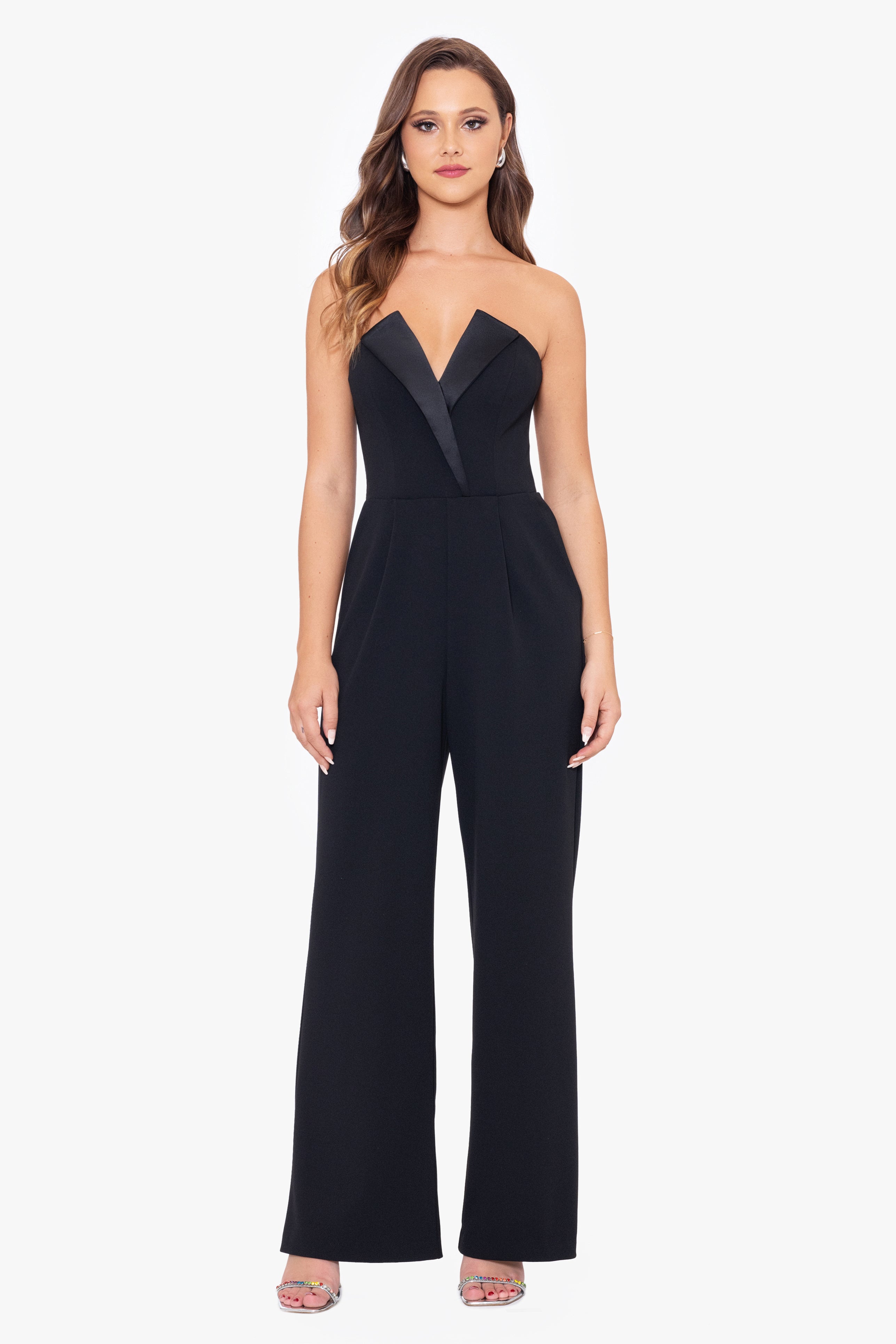 Betsy Adam Petites Tasha Satin Trim Strapless Jumpsuit Black