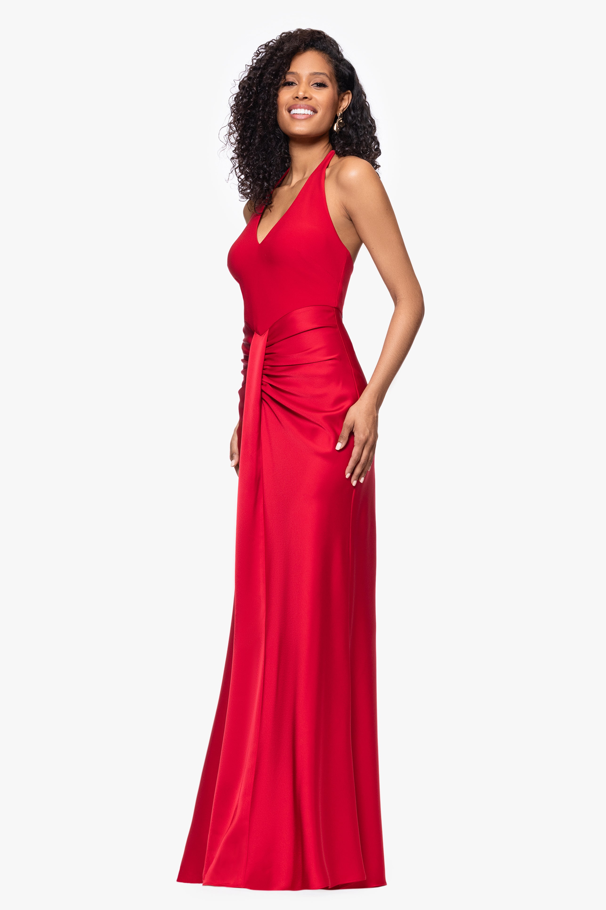 "Roxy" Jersey Knit Halter Neck With Satin Skirt Floor Length Dress