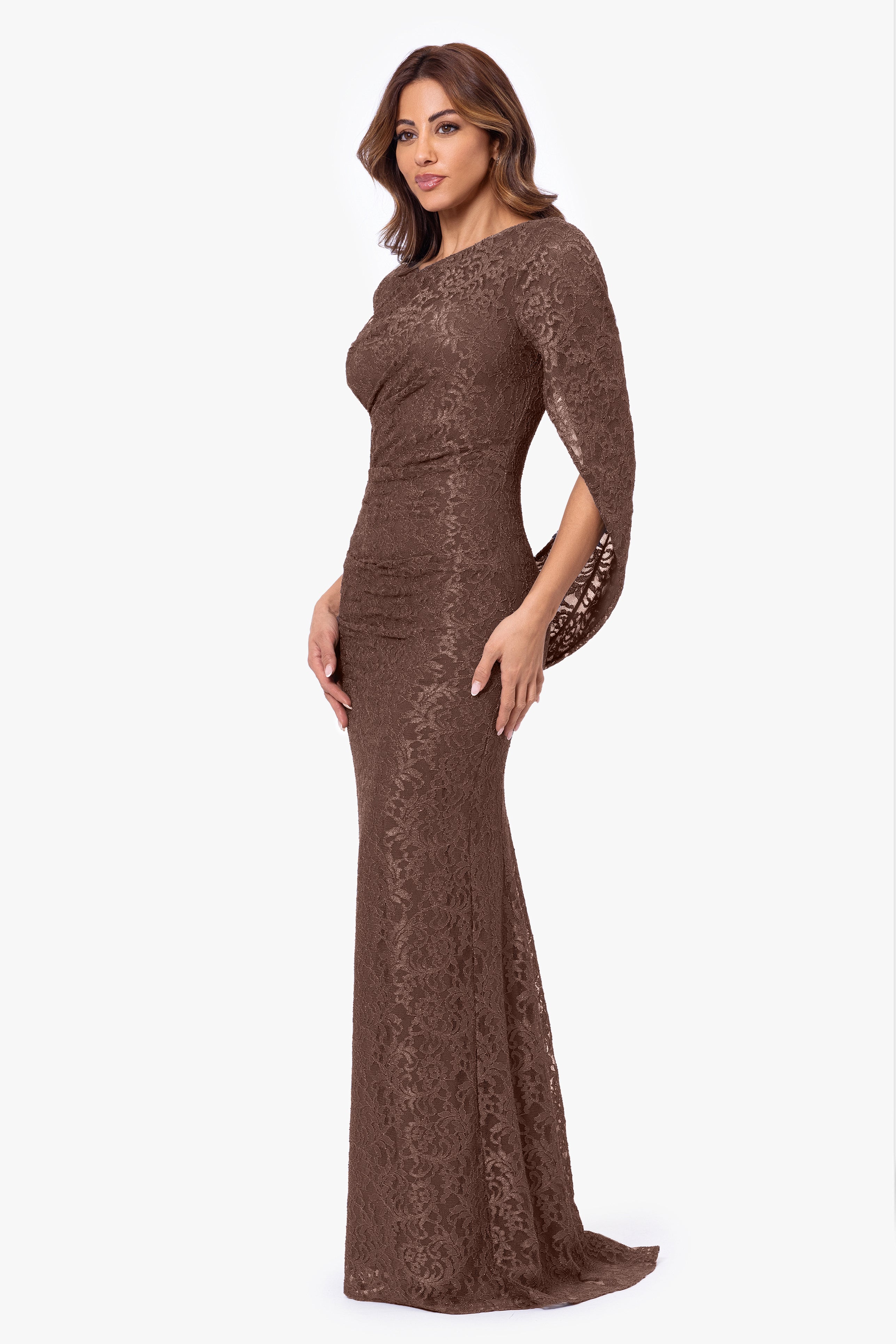 "Gina" Glitter Lace Cape Back Gown