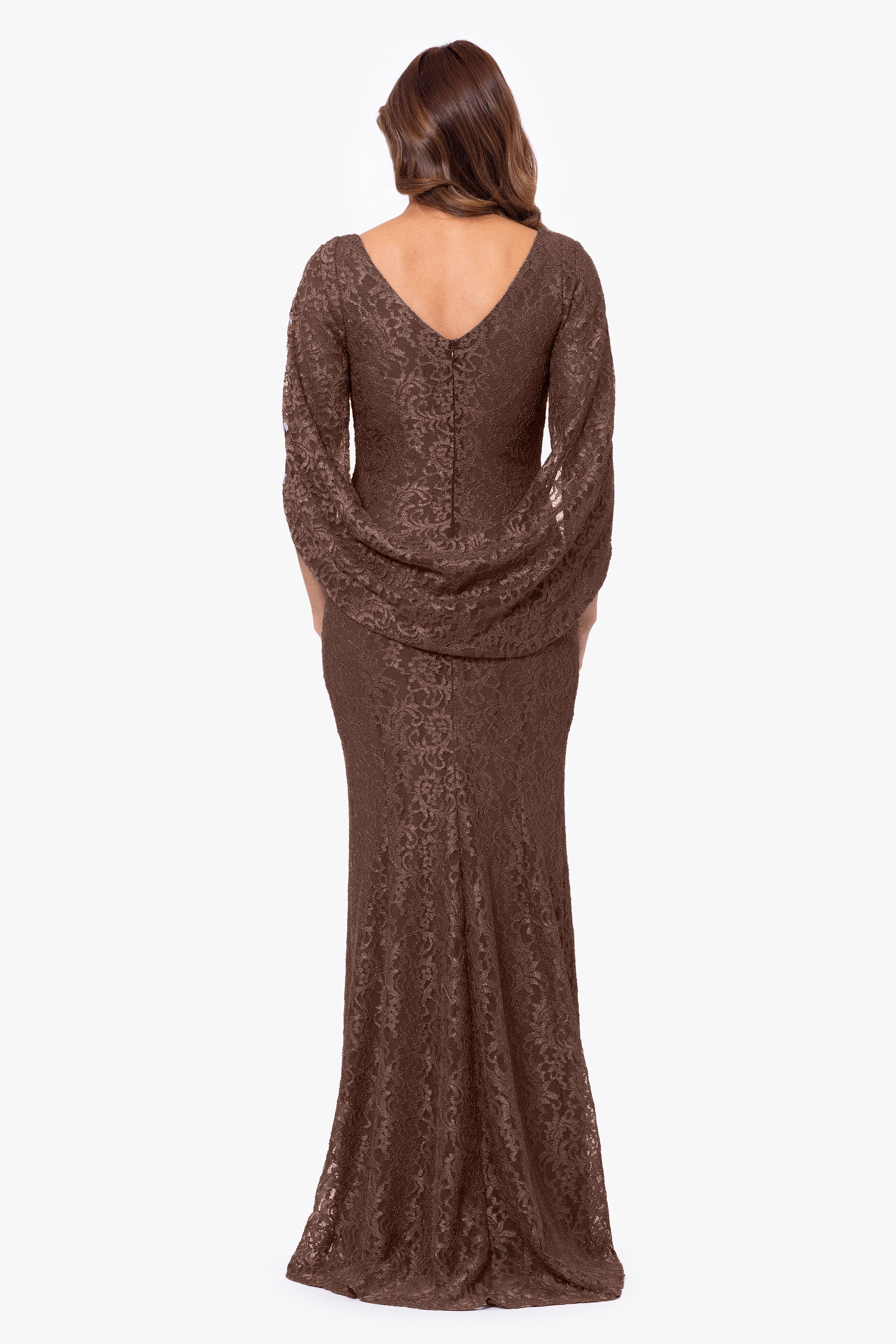 "Gina" Glitter Lace Cape Back Gown